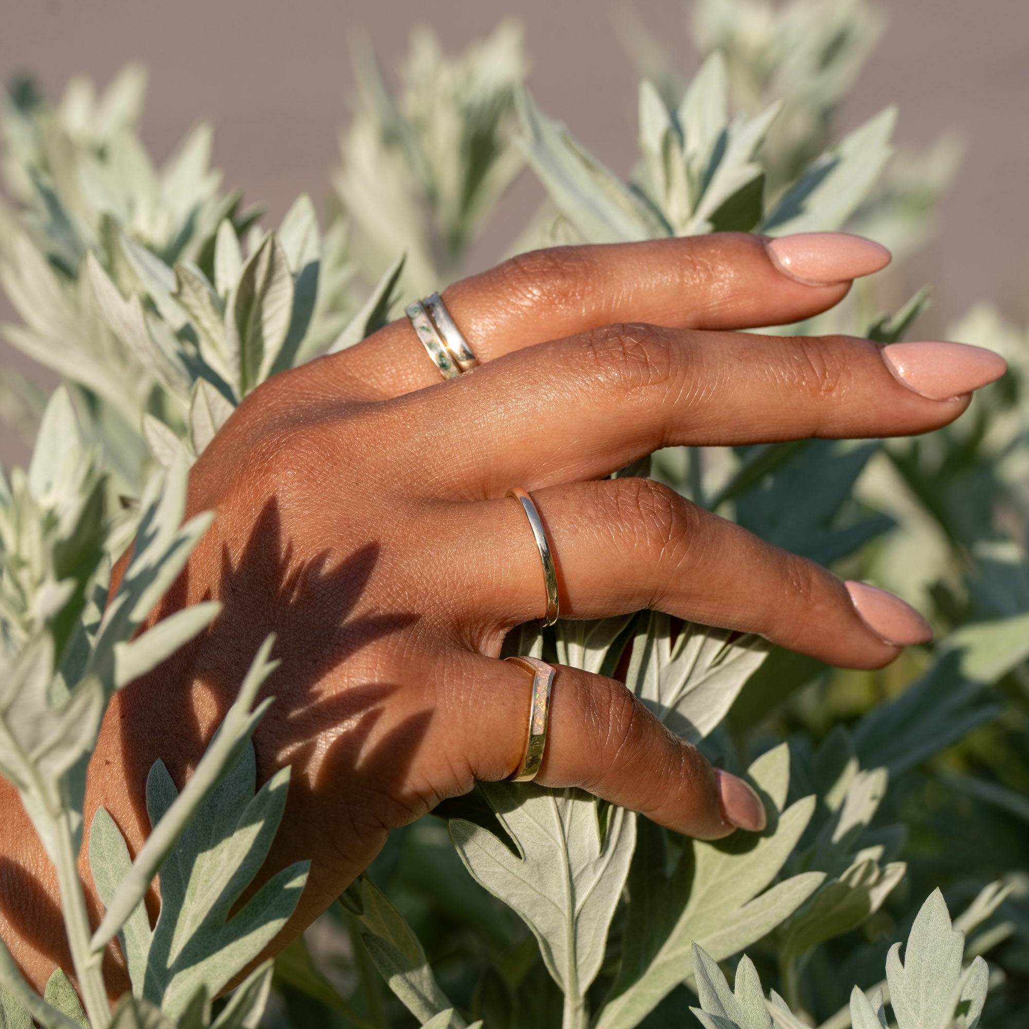 Thin Gold Chevron Pearl White Opal Inlay Ring