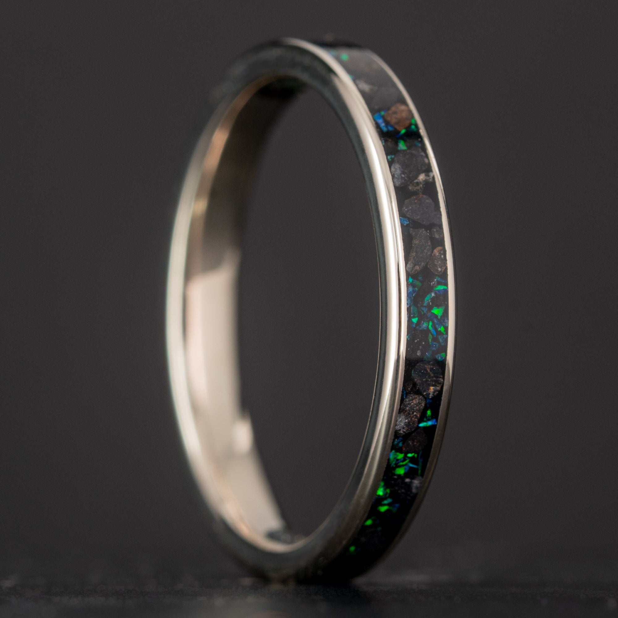 Thin White Gold Iceland Sand and Opal Inlay Ring