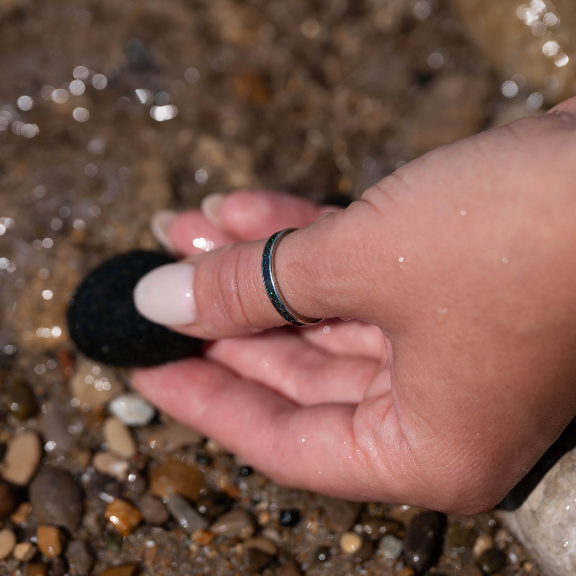 Thin White Gold Iceland Sand and Opal Inlay Ring