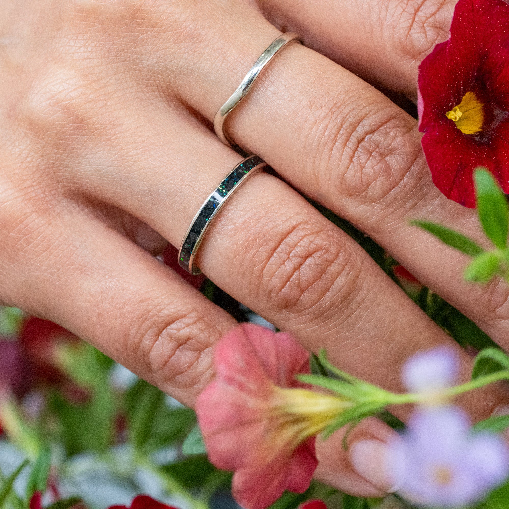 Thin White Gold Iceland Sand and Opal Inlay Ring