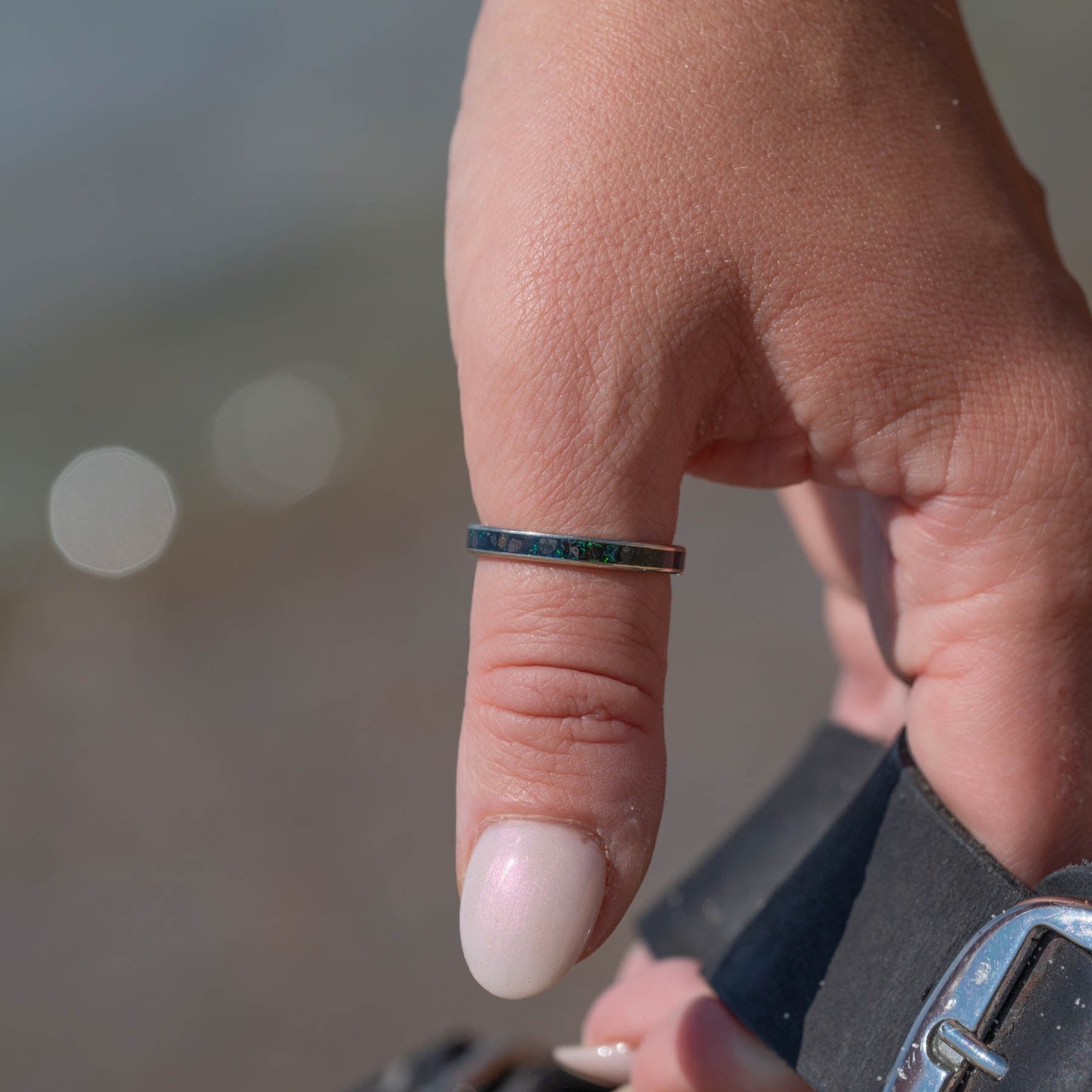 Thin White Gold Iceland Sand and Opal Inlay Ring