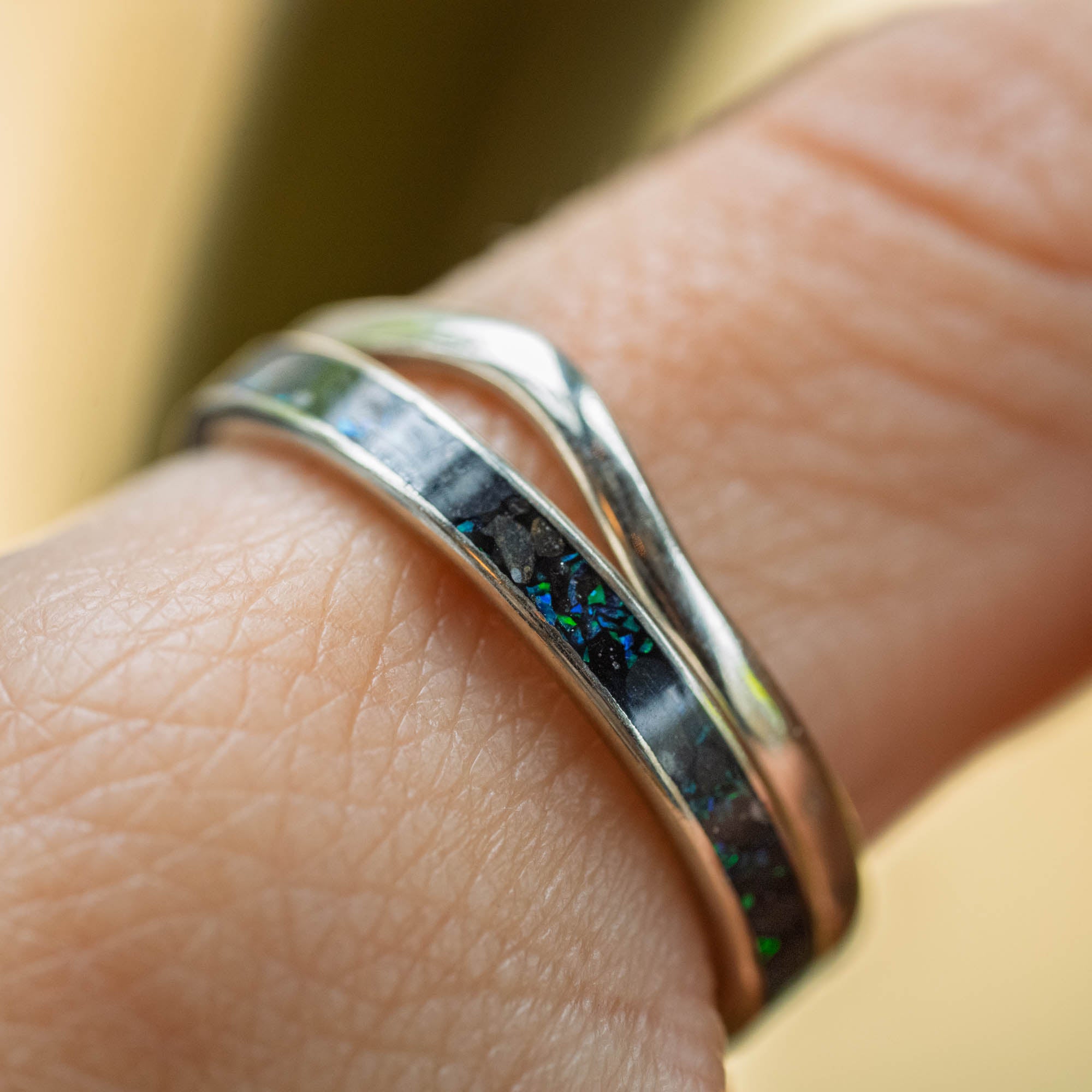Thin White Gold Iceland Sand and Opal Inlay Ring