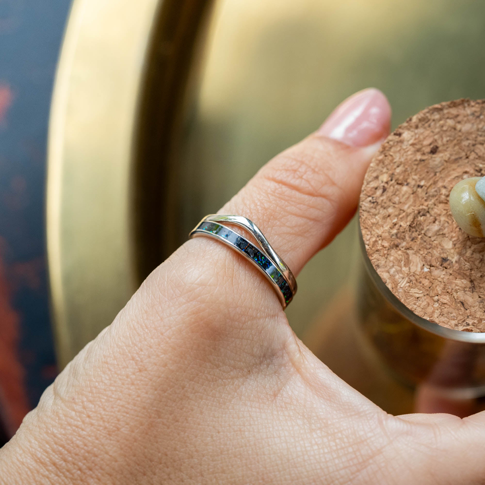 Thin White Gold Iceland Sand and Opal Inlay Ring