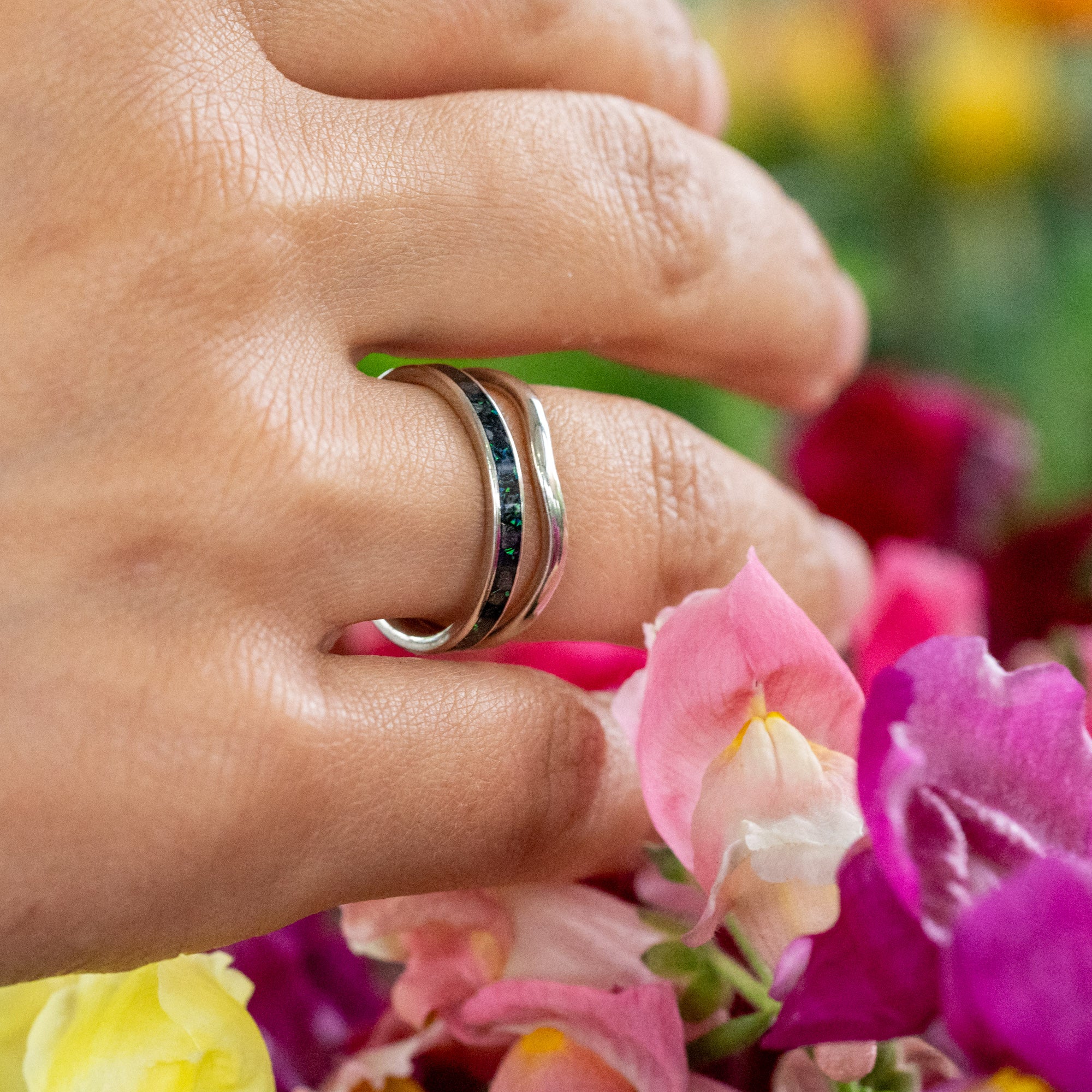 Thin White Gold Iceland Sand and Opal Inlay Ring