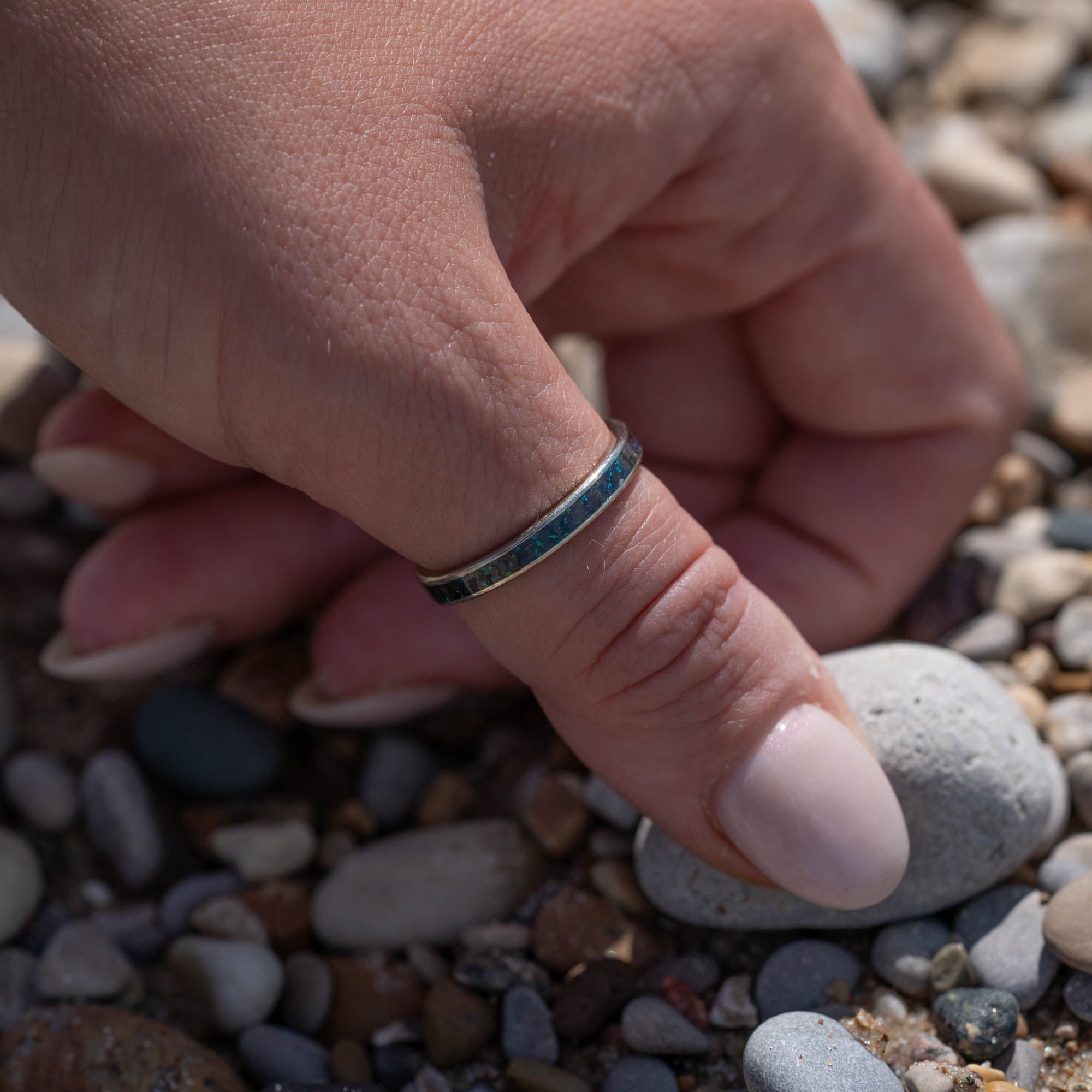 Thin White Gold Iceland Sand and Opal Inlay Ring