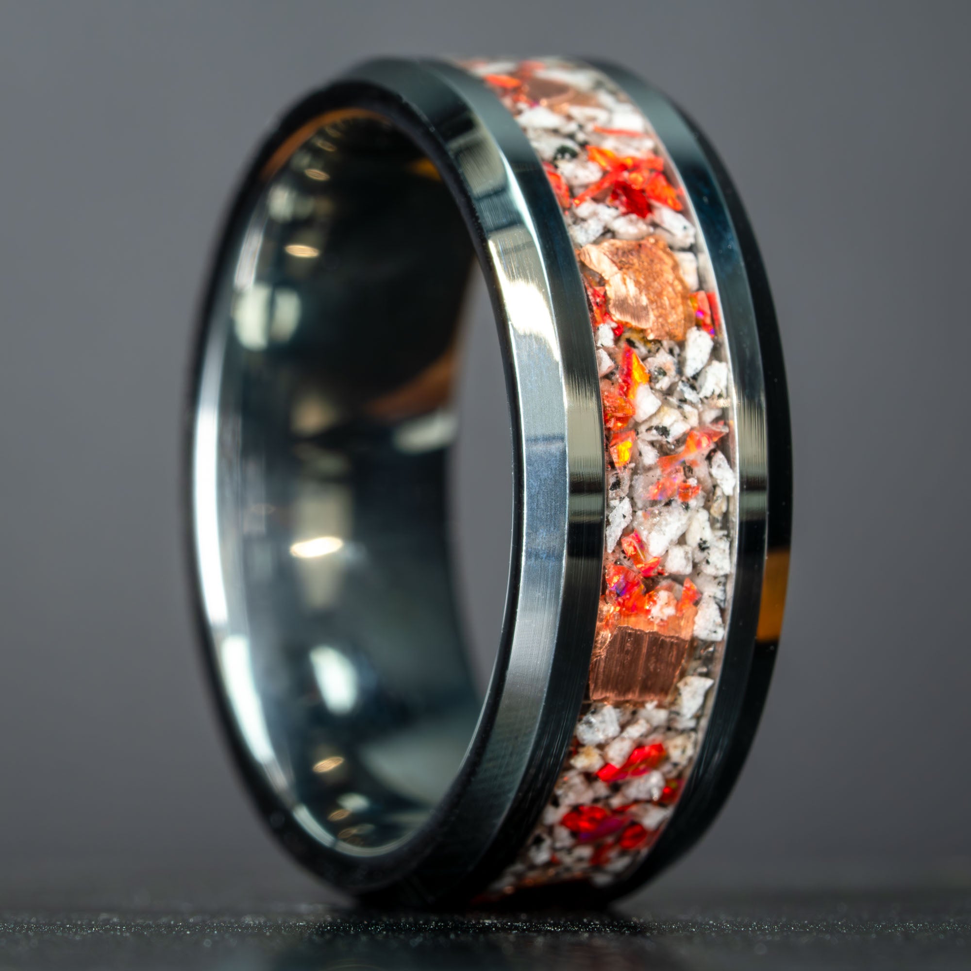 Beveled Tungsten Fire Opal Yooper Glow & Copper Inlay Ring