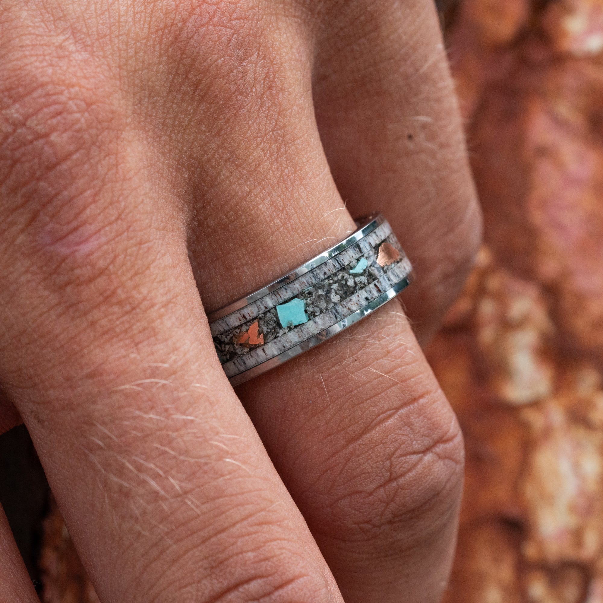 Tungsten Elk Antler Yooper Glow Turquoise & Copper Inlay Ring