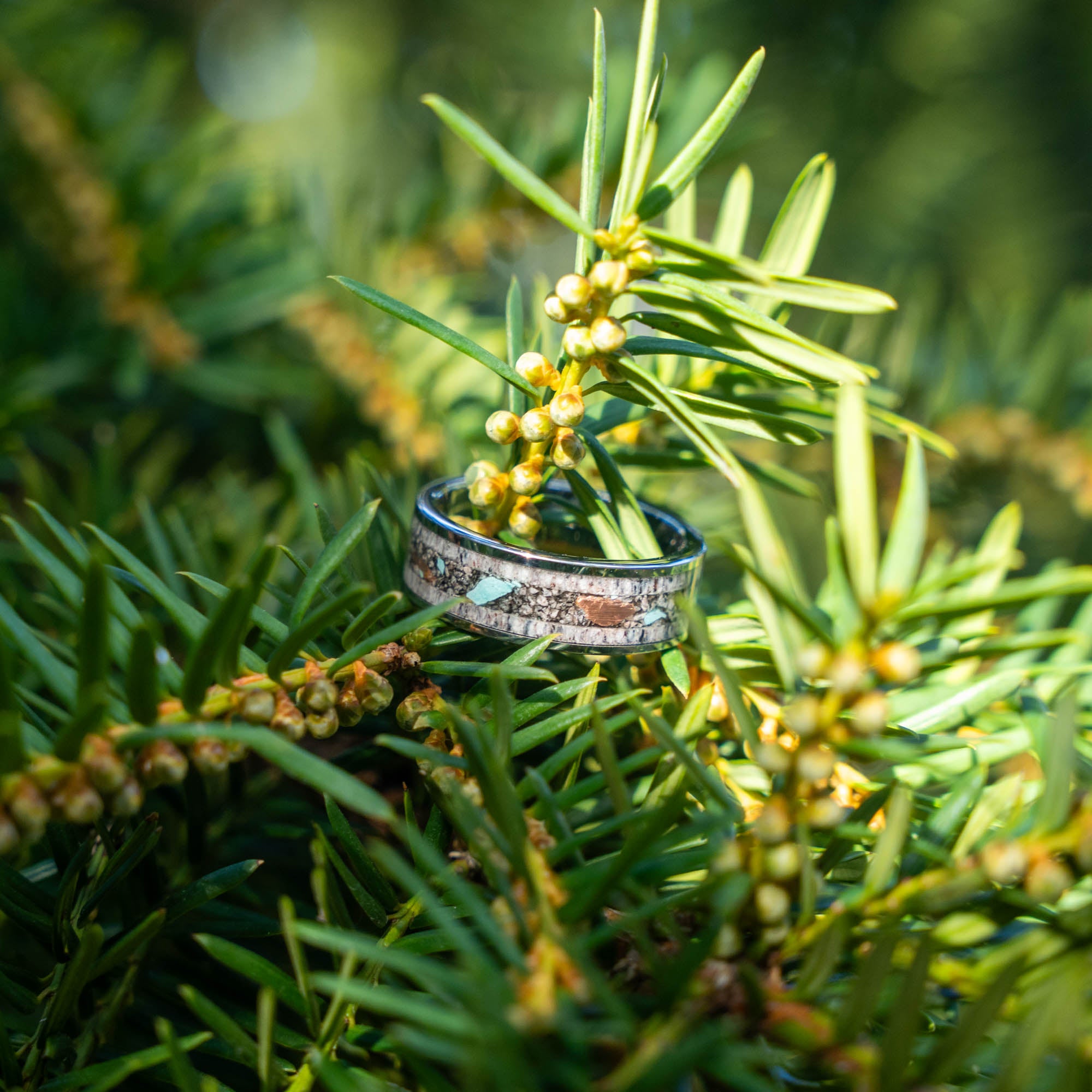 Tungsten Elk Antler Yooper Glow Turquoise & Copper Inlay Ring