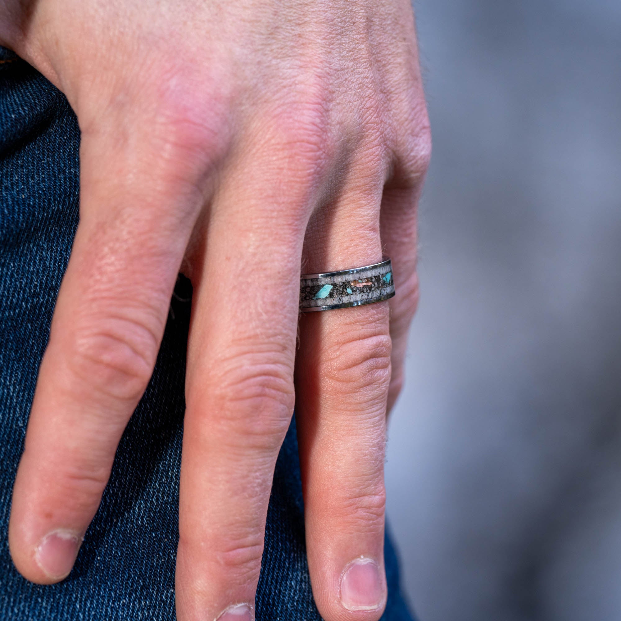 Tungsten Elk Antler Yooper Glow Turquoise & Copper Inlay Ring