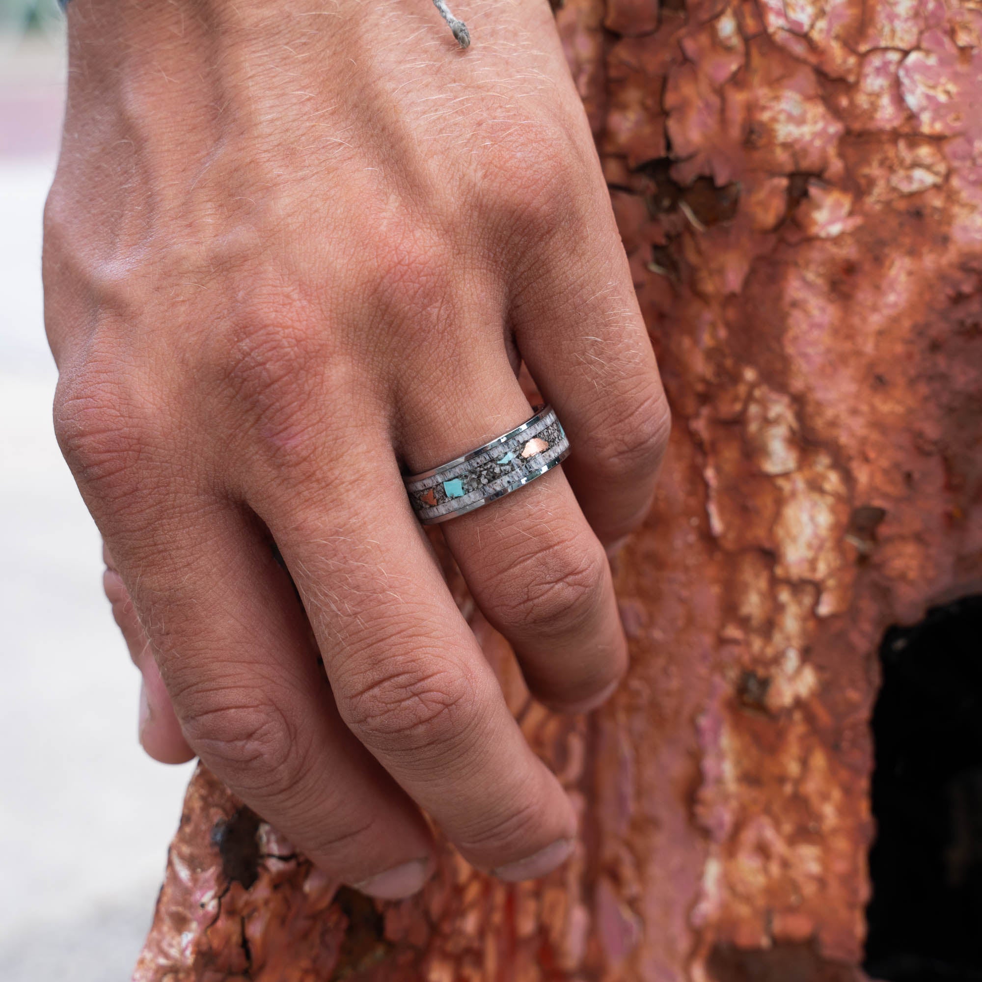 Tungsten Elk Antler Yooper Glow Turquoise & Copper Inlay Ring