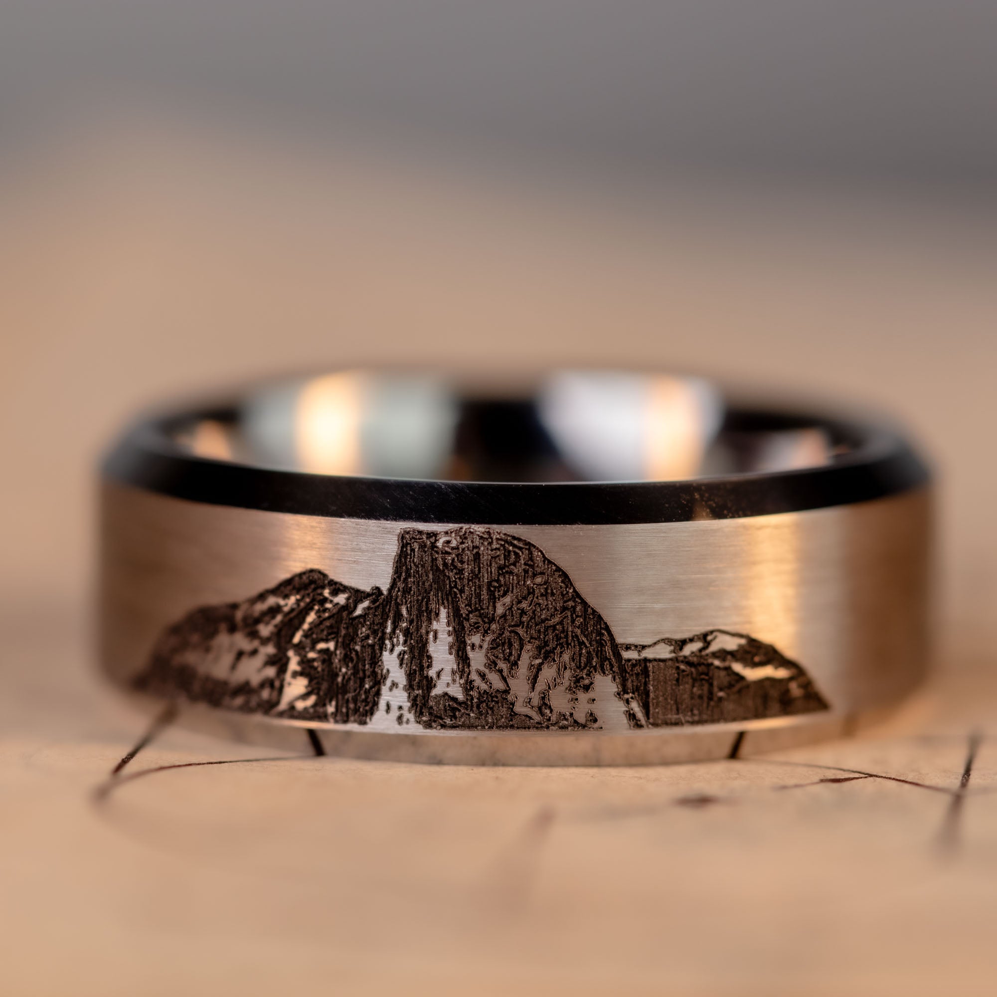 Beveled Tungsten Engraved Yosemite Half Dome Ring