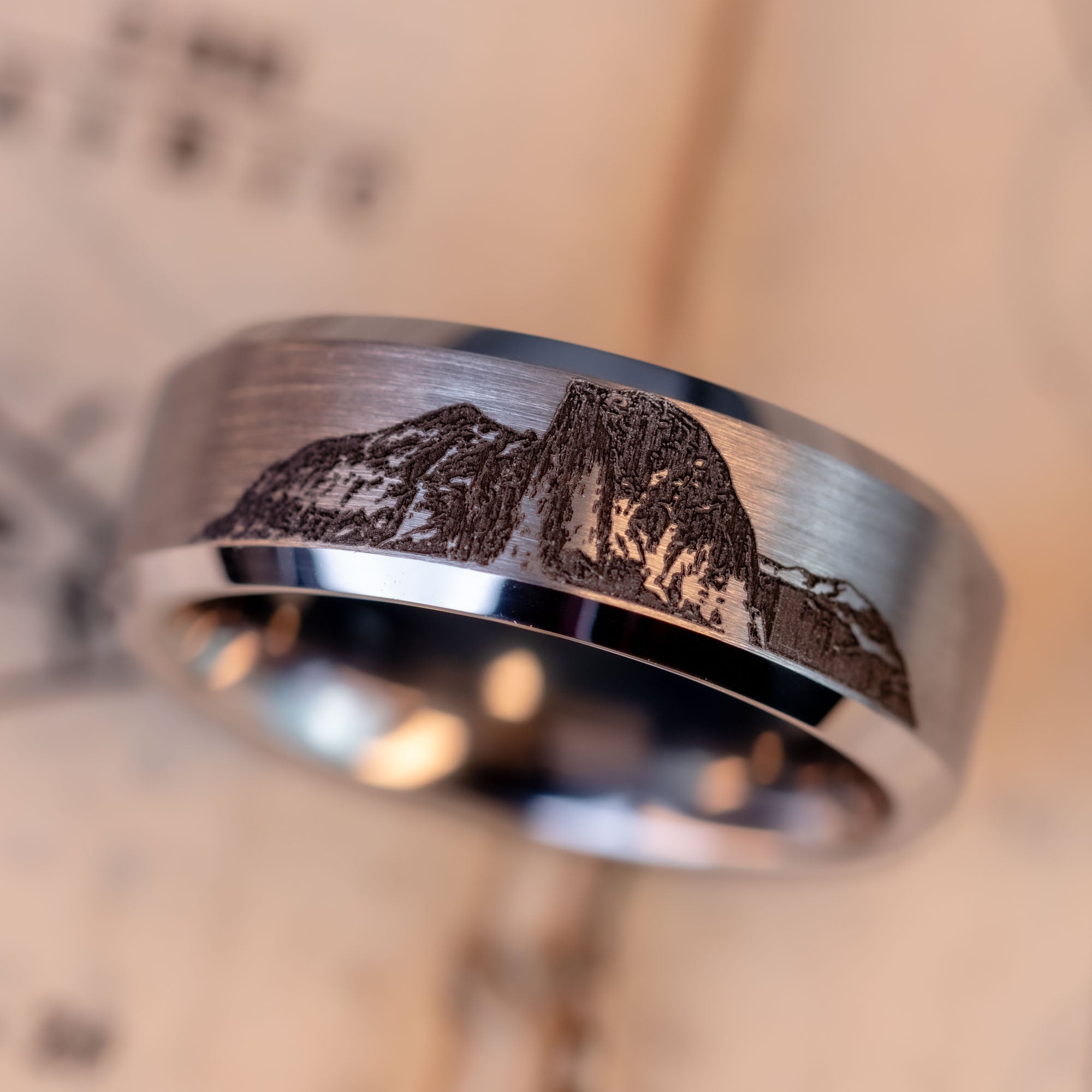 Beveled Tungsten Engraved Yosemite Half Dome Ring
