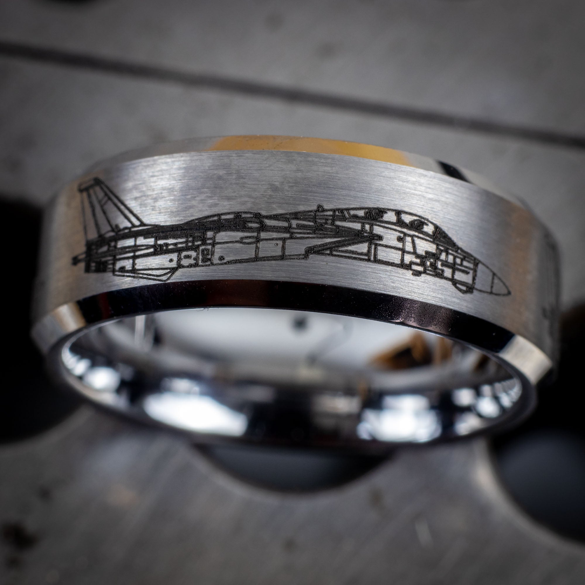 Beveled Tungsten Engraved F14 Tomcat Ring