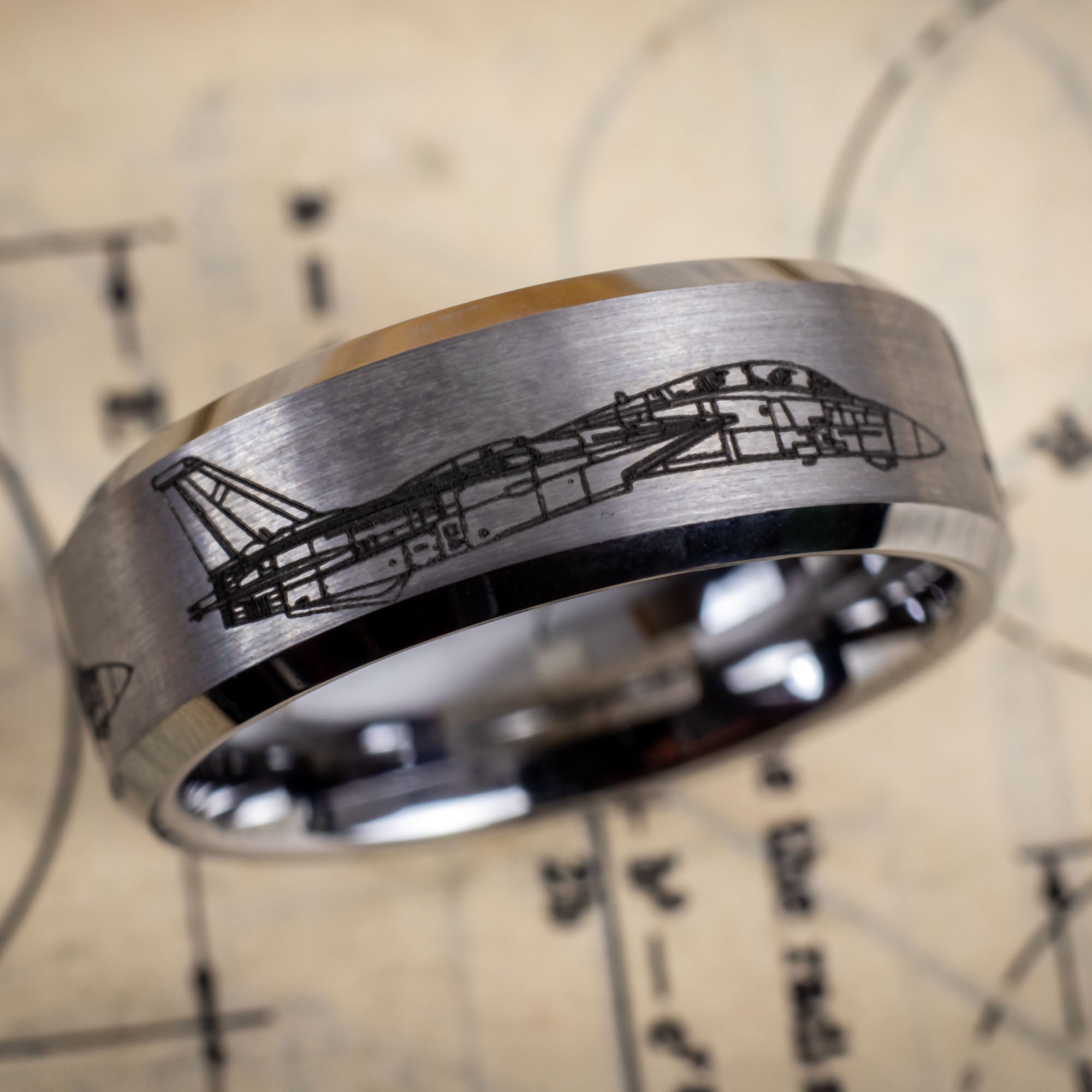 Beveled Tungsten Engraved F14 Tomcat Ring