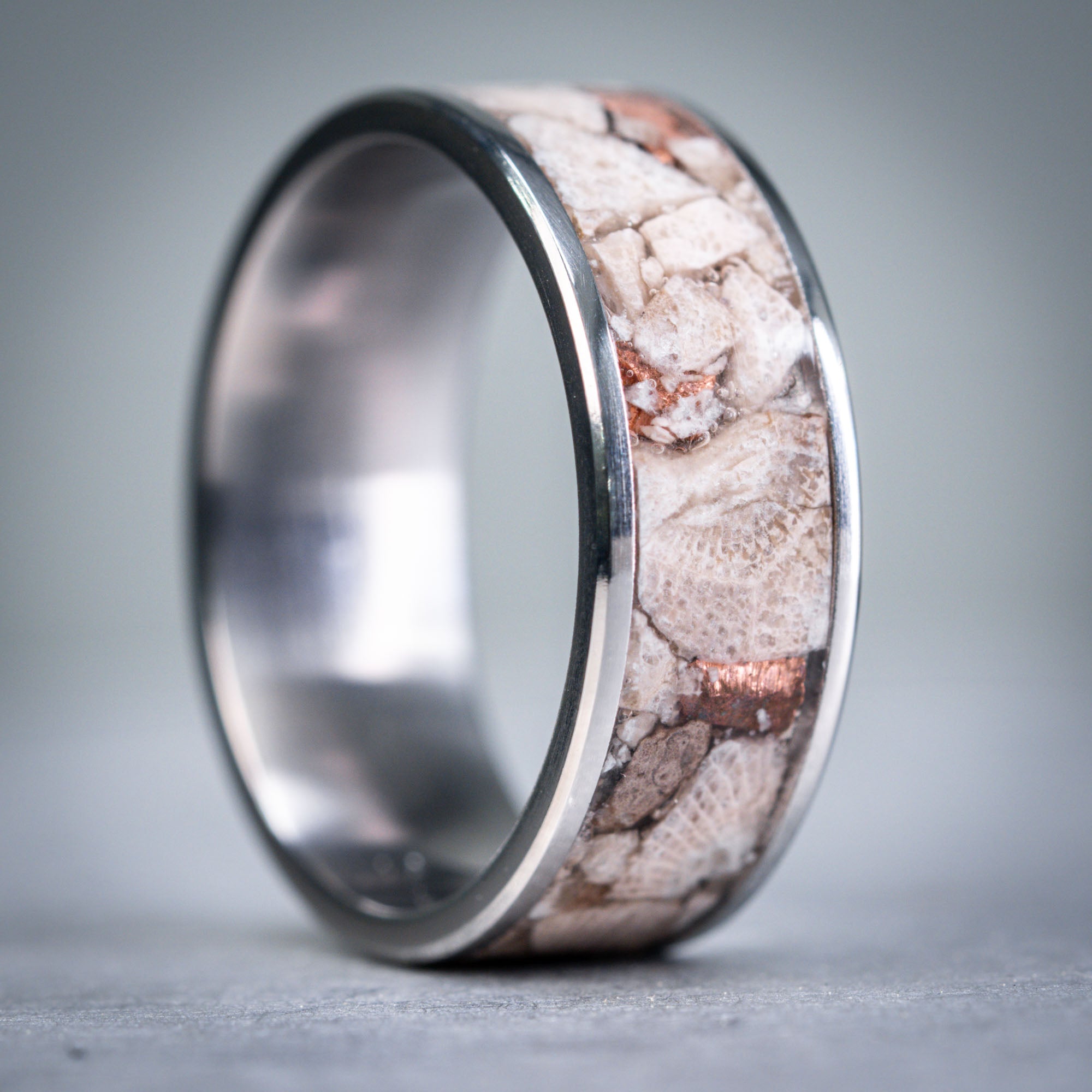 Titanium Petoskey Stone & Keweenaw Copper Inlay Ring