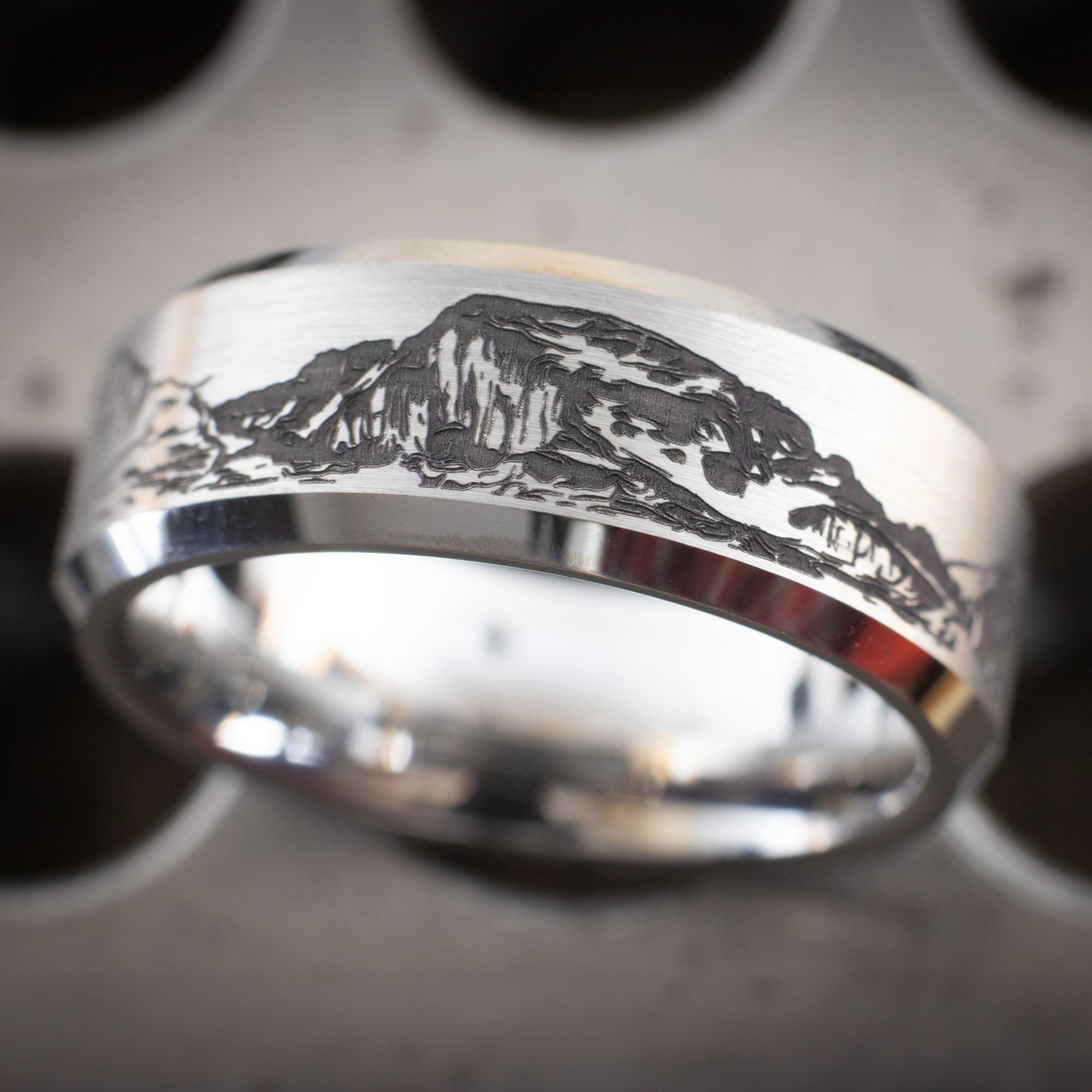 Beveled Tungsten Engraved Colorado 14er Ring | Honest Hands Ring Co