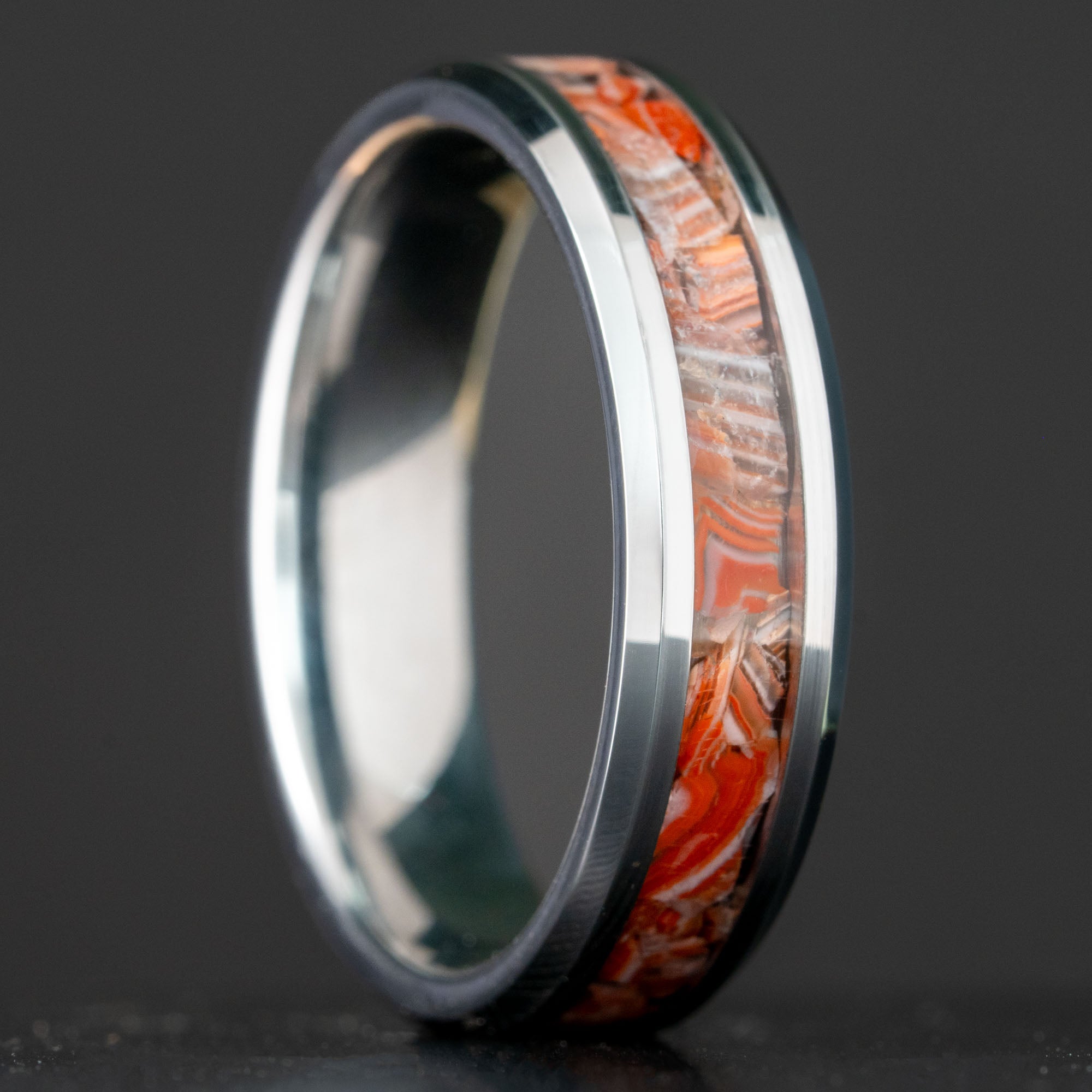 Beveled Tungsten Lake Superior Agate Inlay Ring