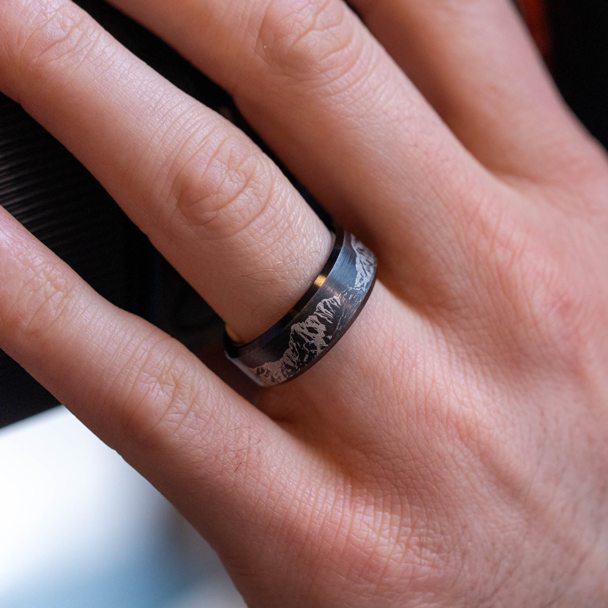 Beveled Black Tungsten Engraved Grand Tetons Ring