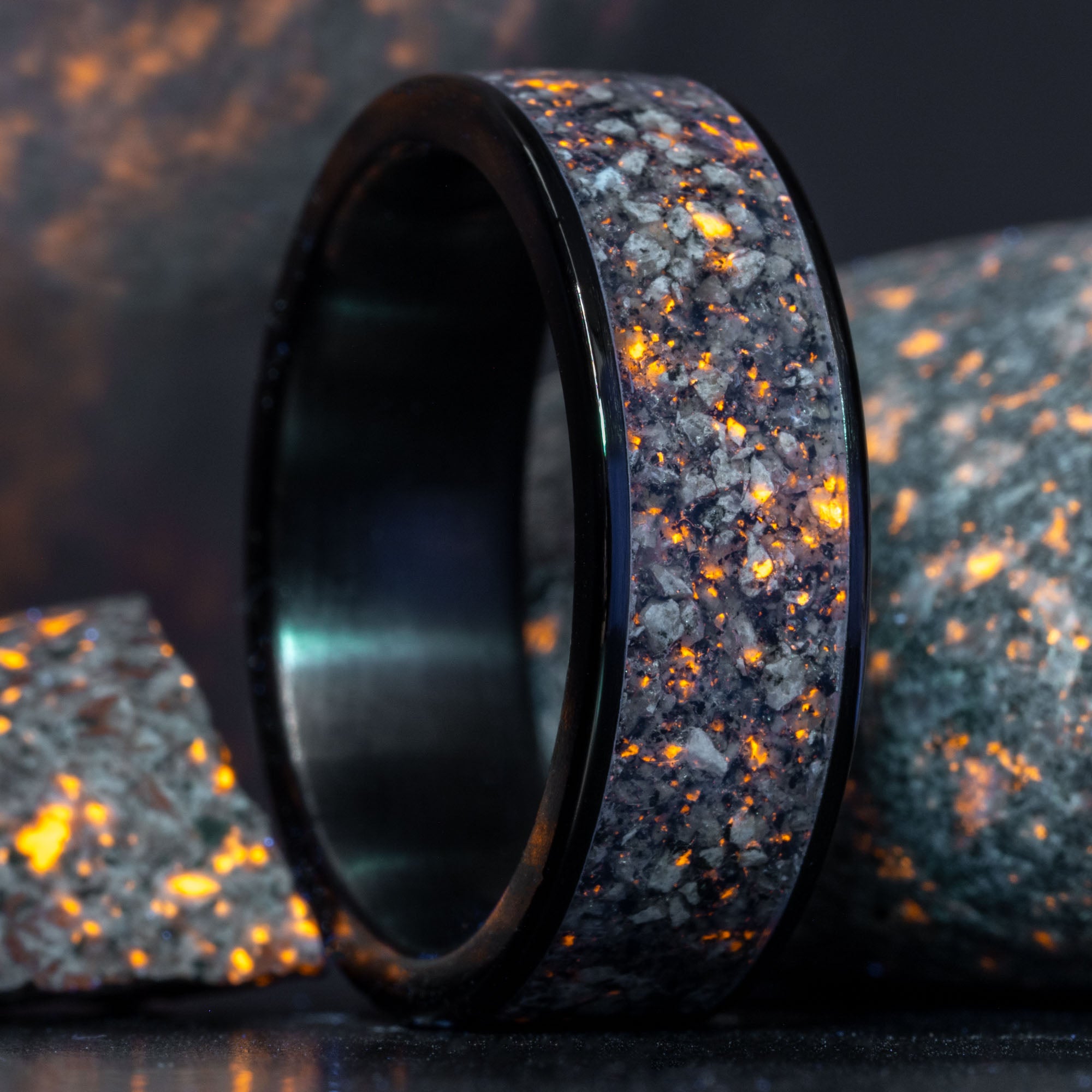 Black Titanium Yooper Glow Stone Inlay Ring