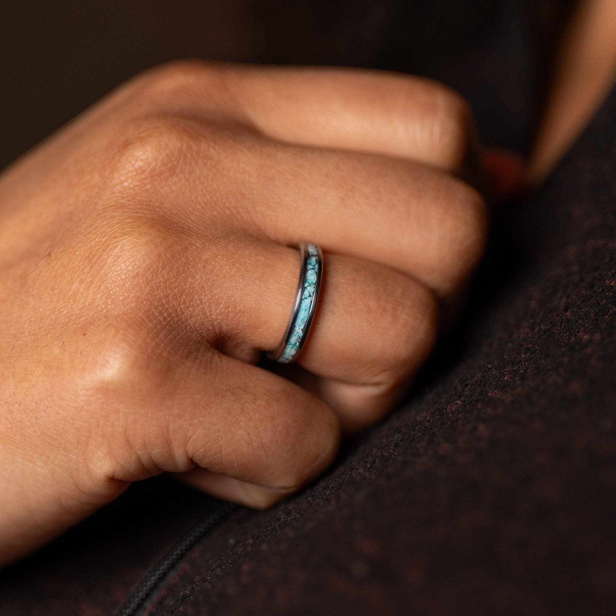 Thin Titanium Turquoise Stone Inlay Ring