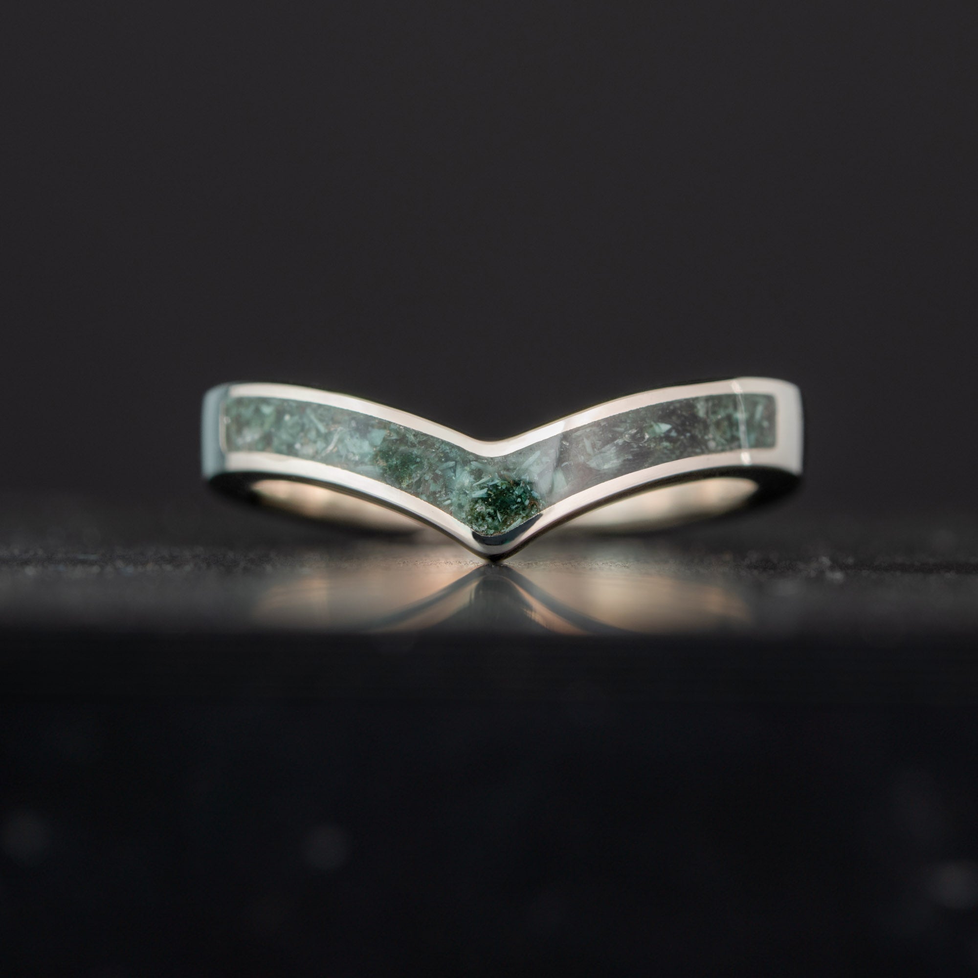 Thin White Gold Chevron Isle Royale Greenstone Inlay Ring