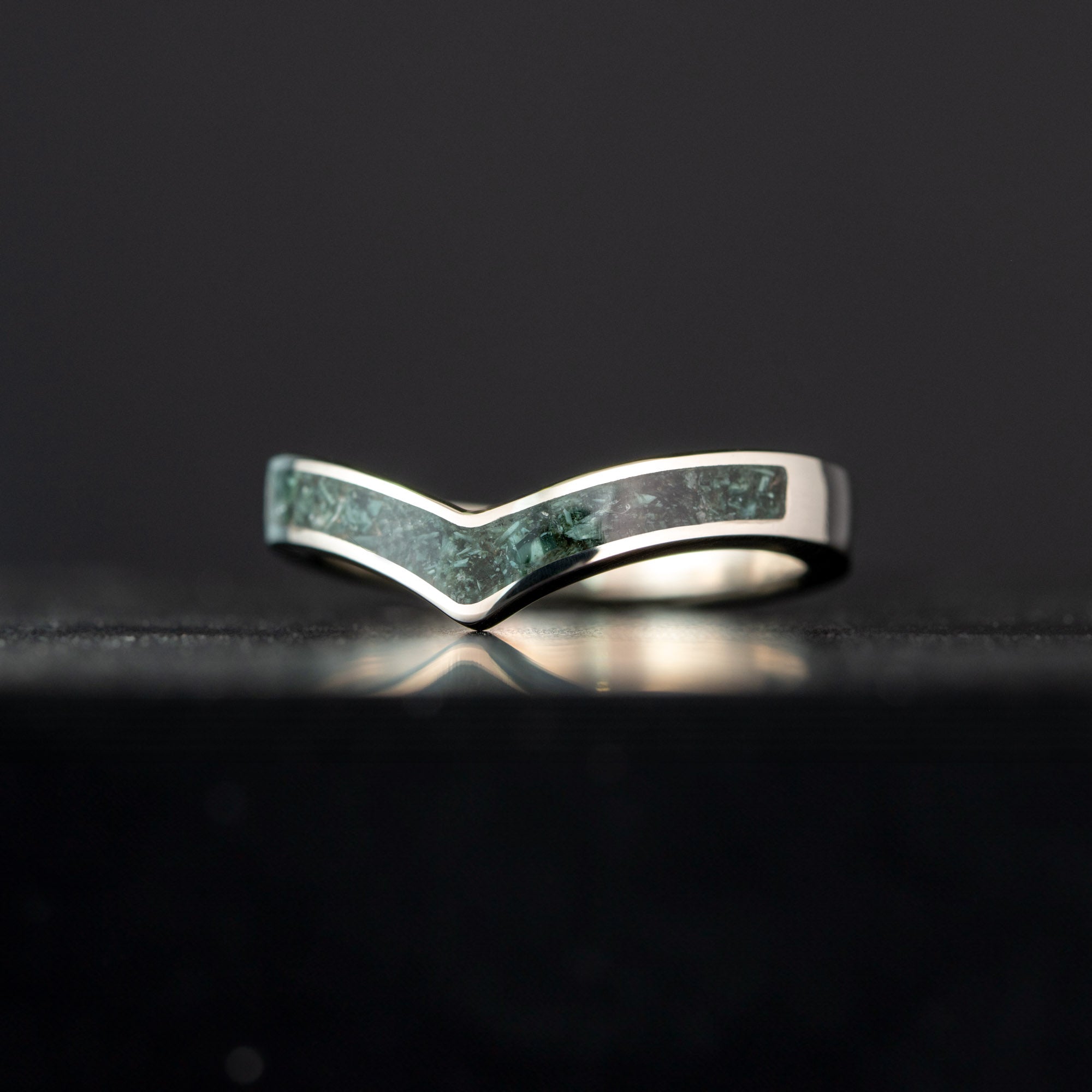 Thin White Gold Chevron Isle Royale Greenstone Inlay Ring