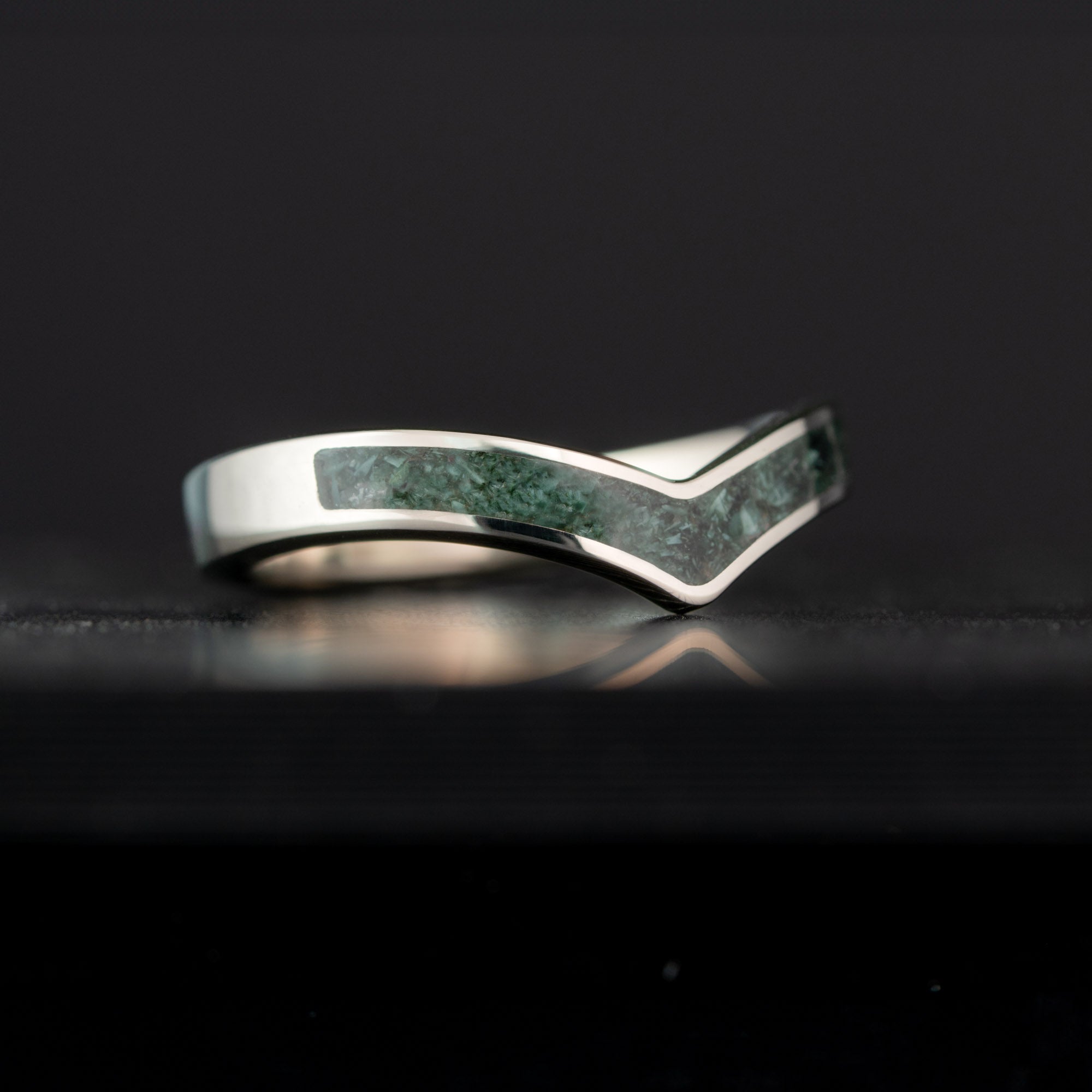 Thin White Gold Chevron Isle Royale Greenstone Inlay Ring