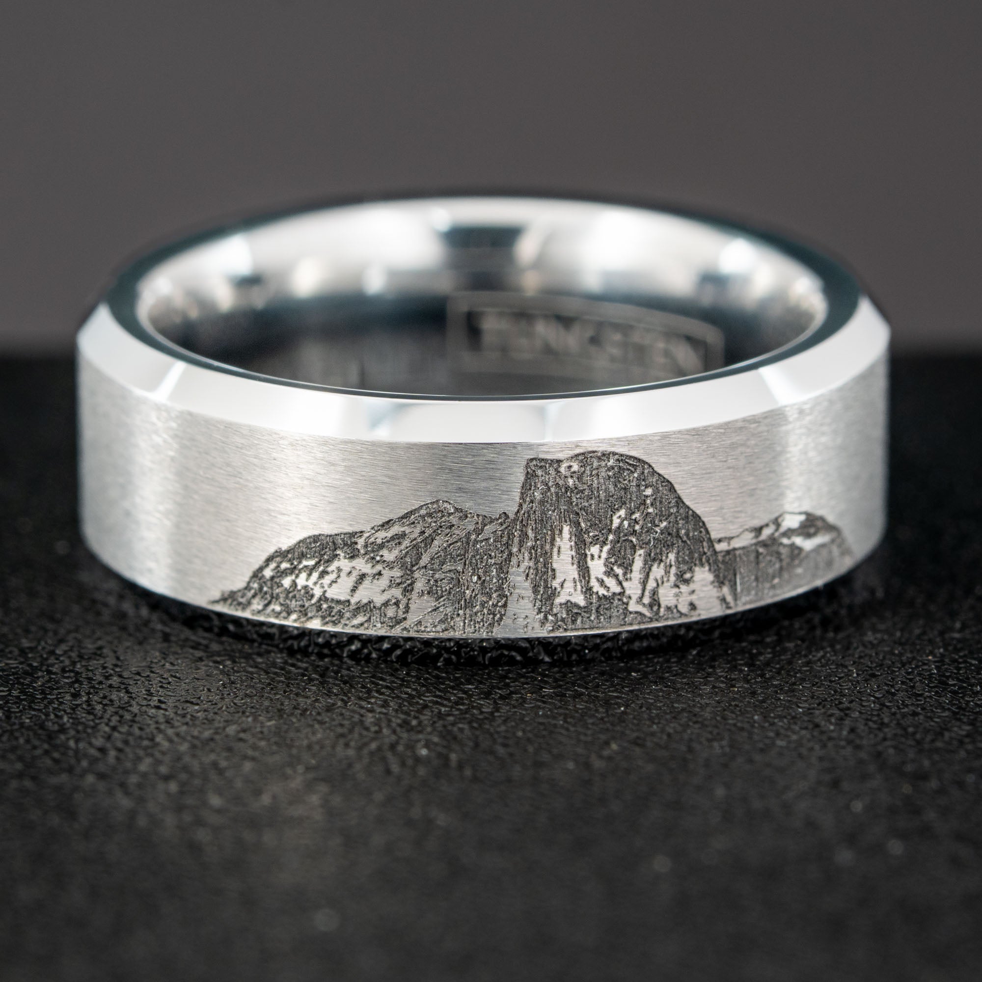 Beveled Tungsten Engraved Yosemite Half Dome Ring