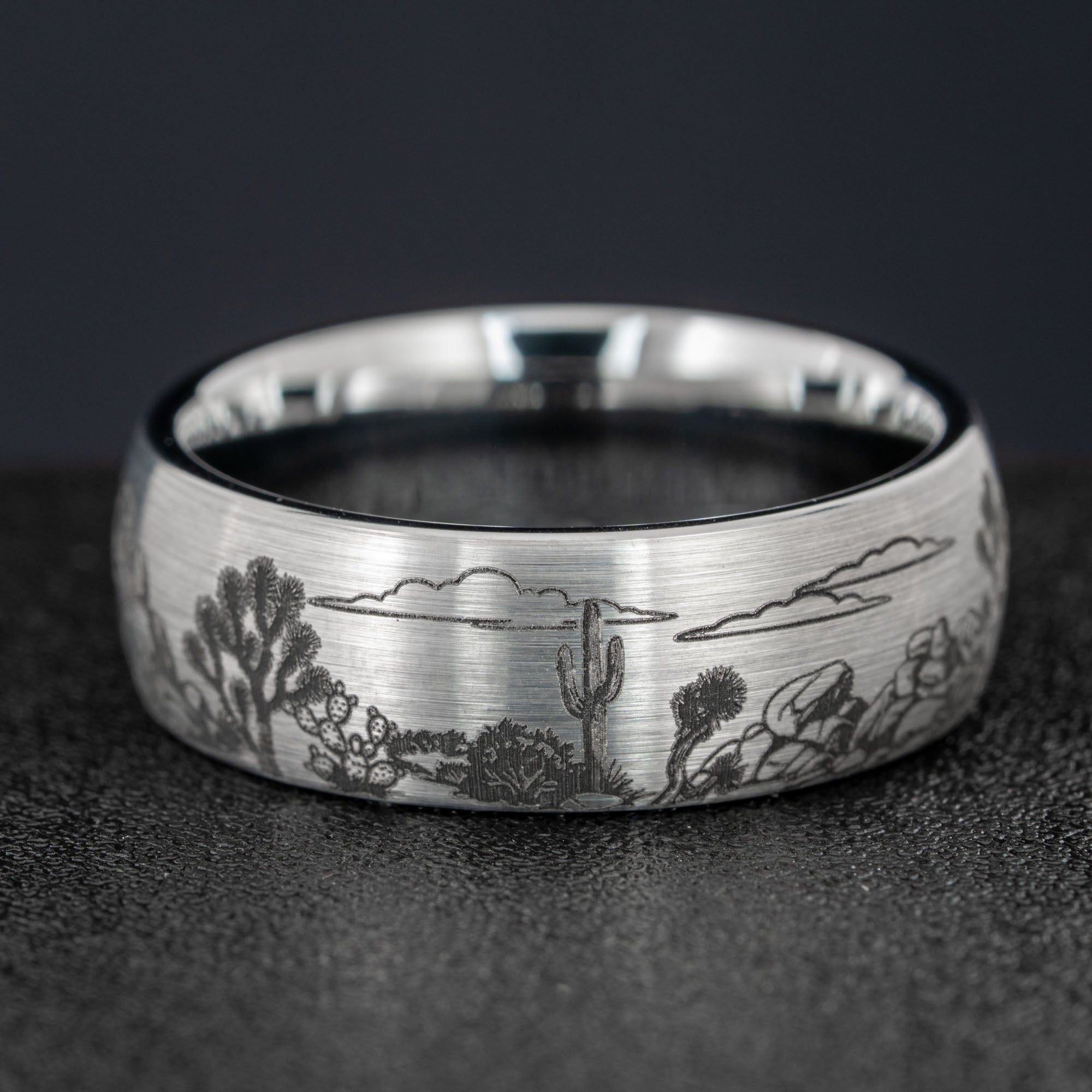 Domed Tungsten Engraved Joshua Tree National Park Ring