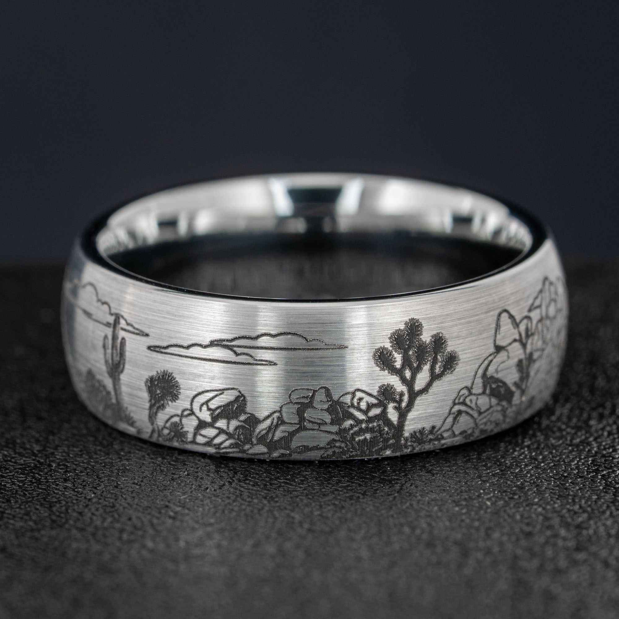 Domed Tungsten Engraved Joshua Tree National Park Ring