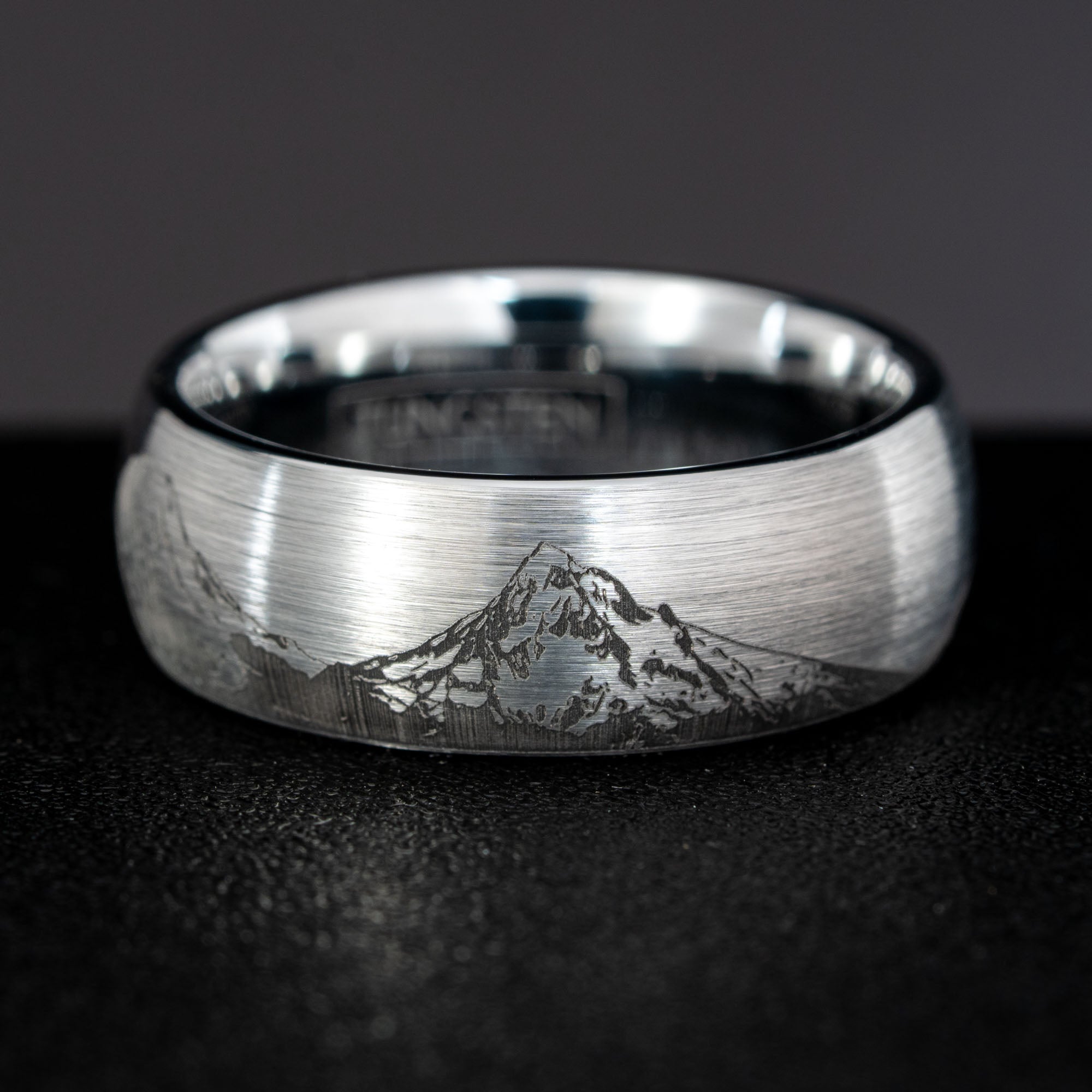 Domed Tungsten Engraved Cascade Range | Pacific Northwest Mountain Ring