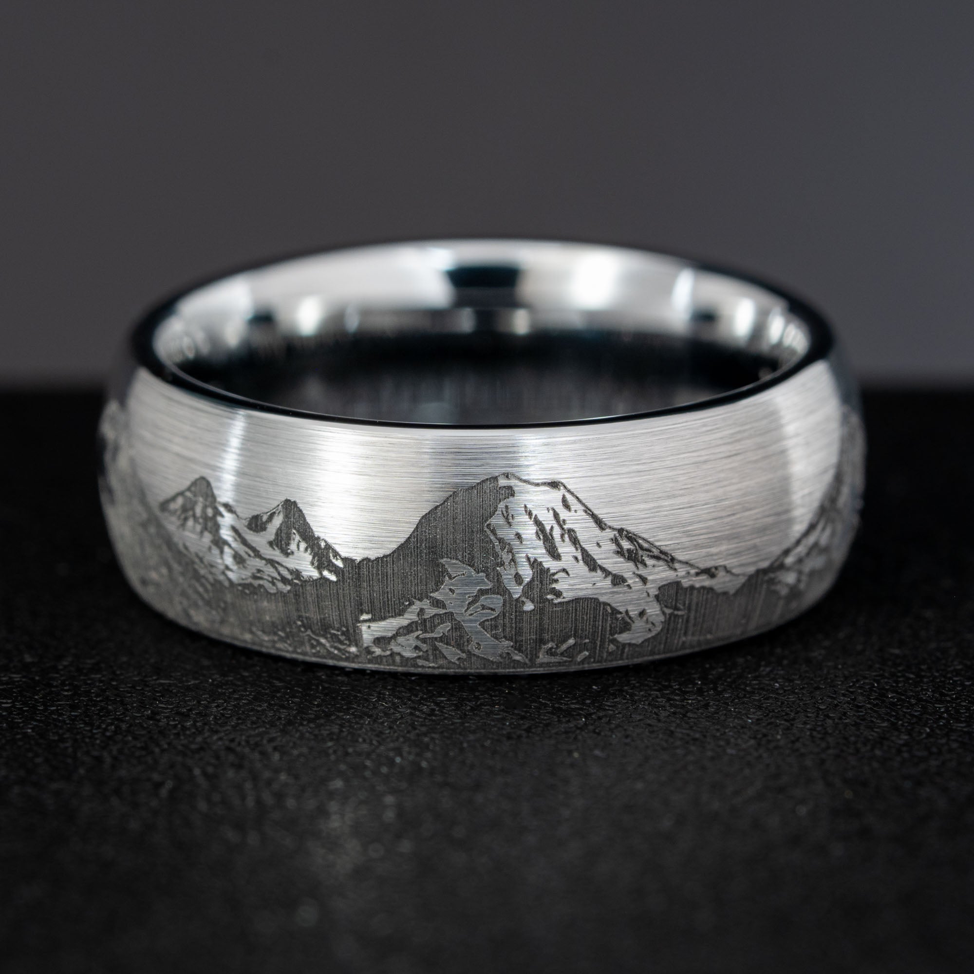 Domed Tungsten Engraved Cascade Range | Pacific Northwest Mountain Ring