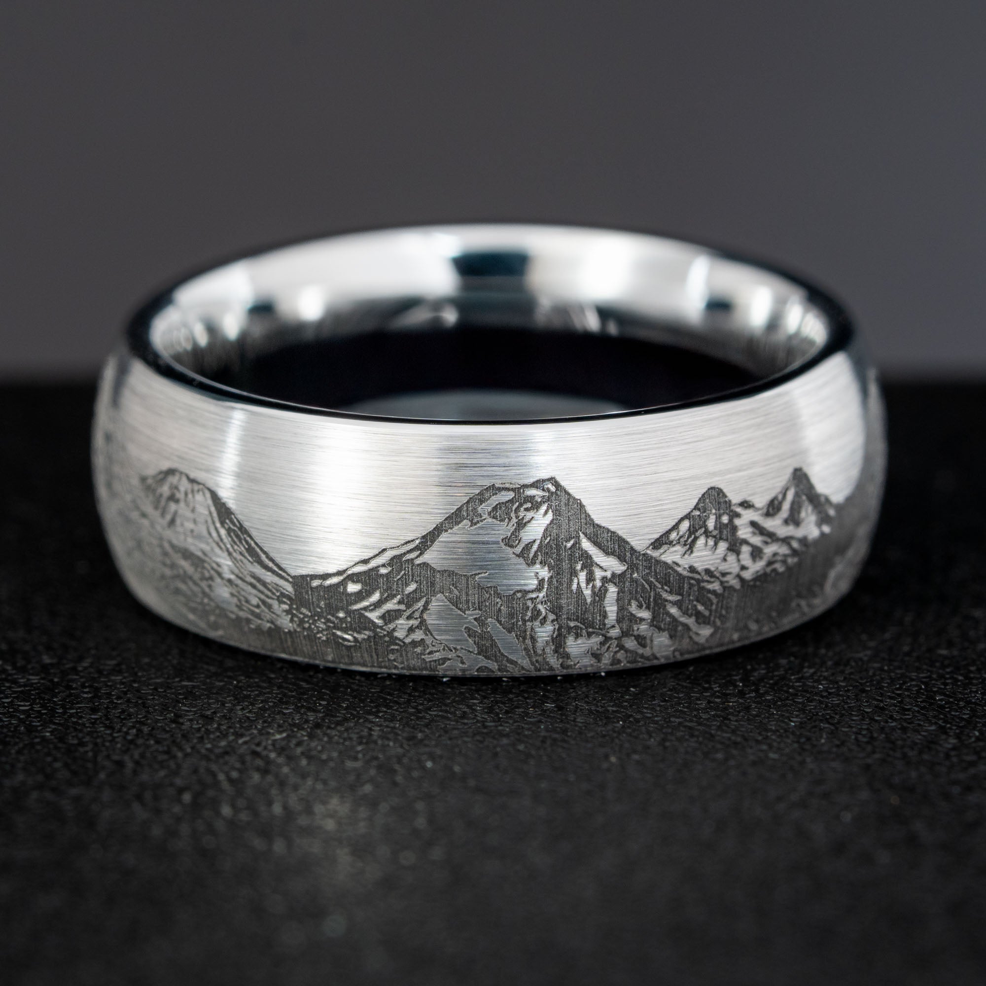 Domed Tungsten Engraved Cascade Range | Pacific Northwest Mountain Ring