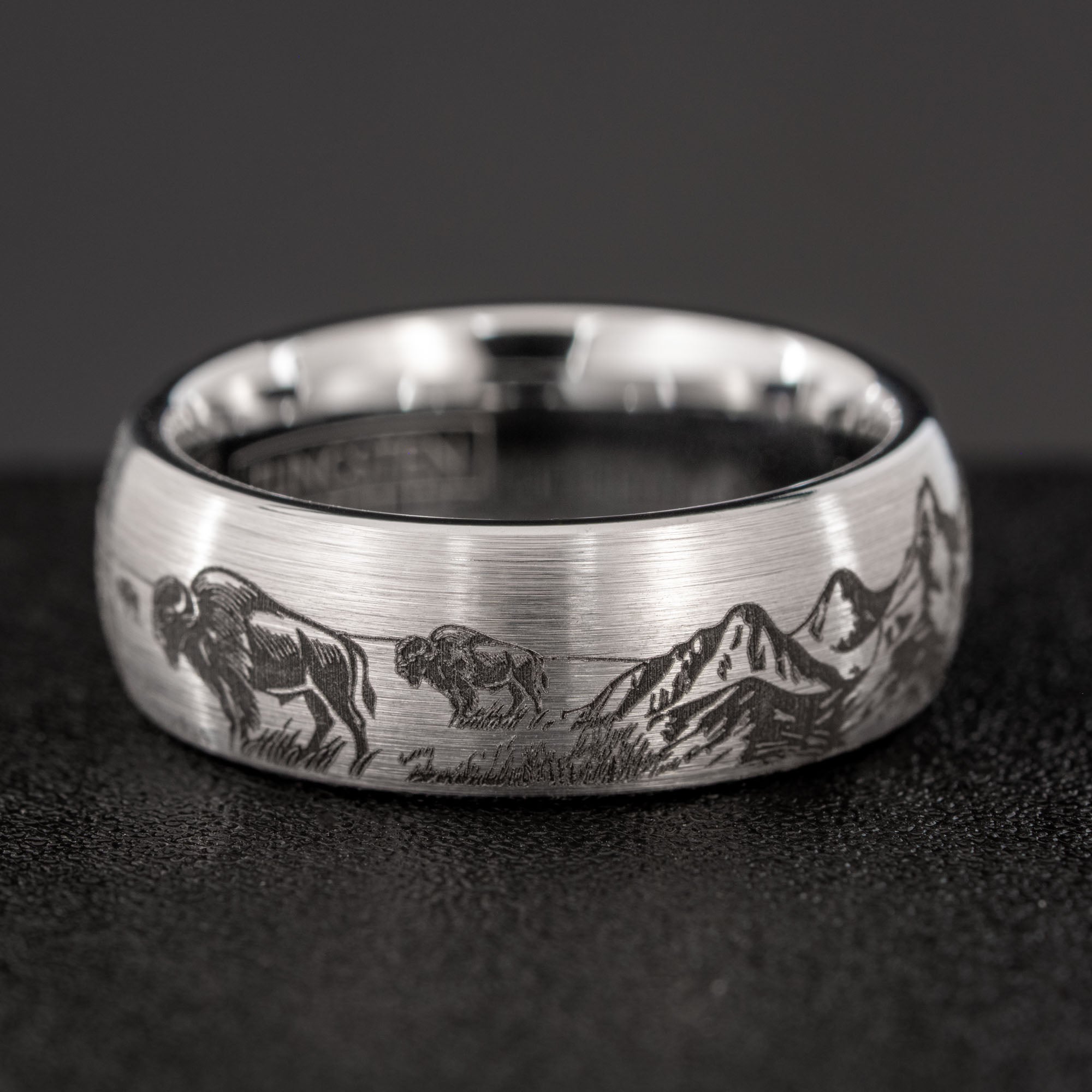 Domed Tungsten Engraved Yellowstone National Park Ring