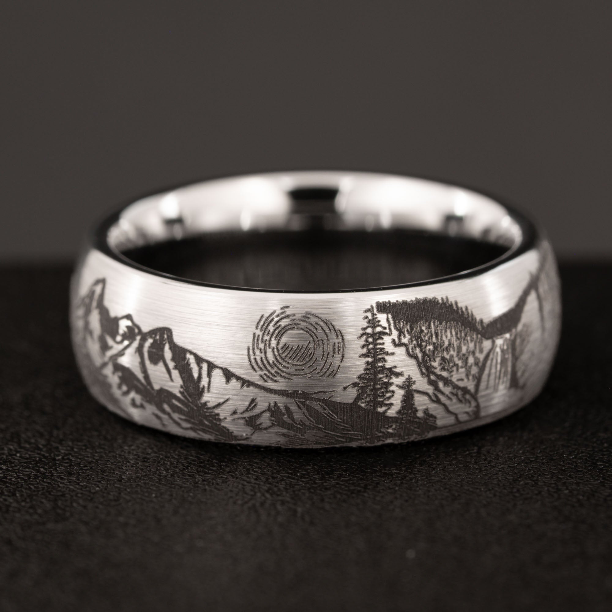 Domed Tungsten Engraved Yellowstone National Park Ring