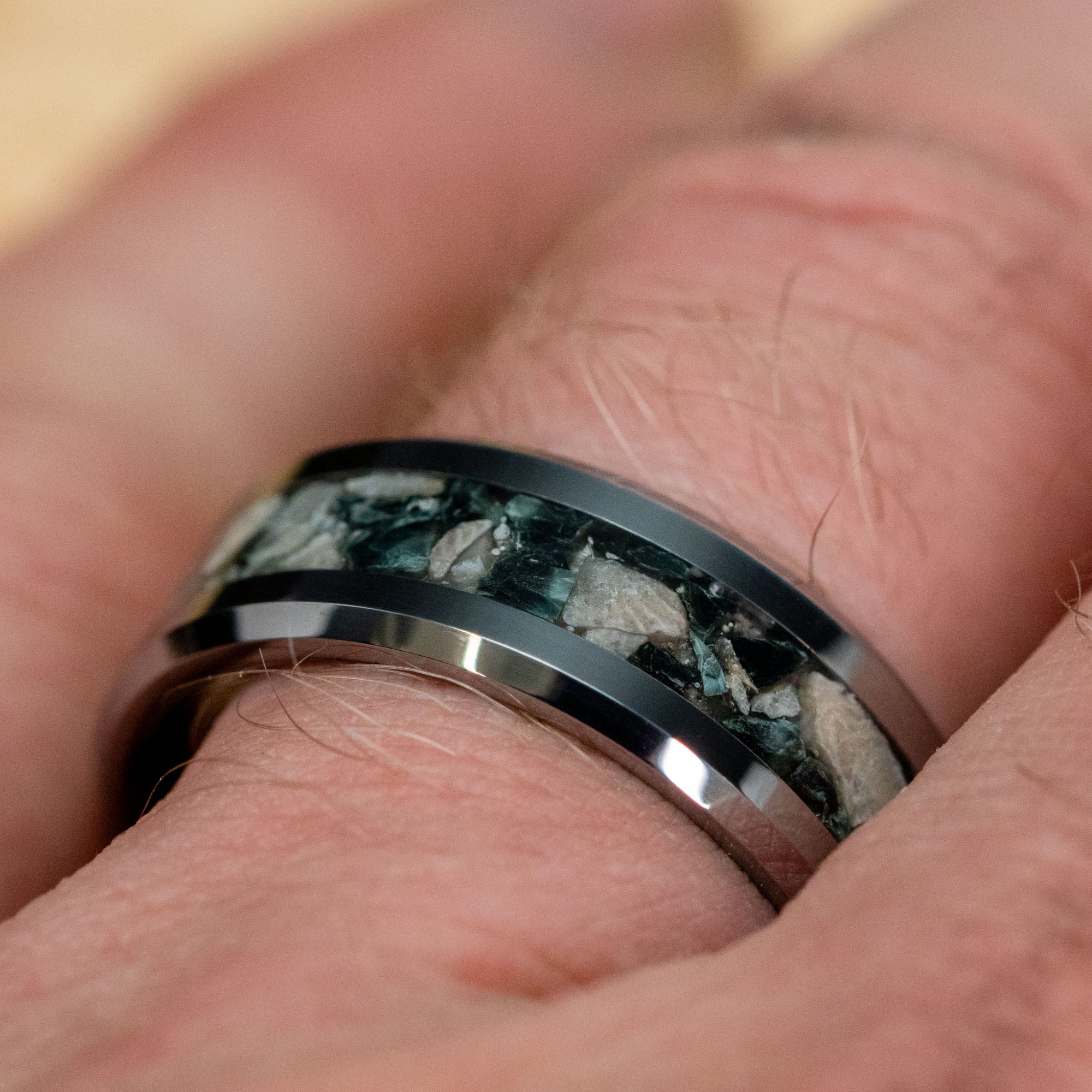 Beveled Tungsten Petoskey Stone & Isle Royale Greenstone Inlay Ring