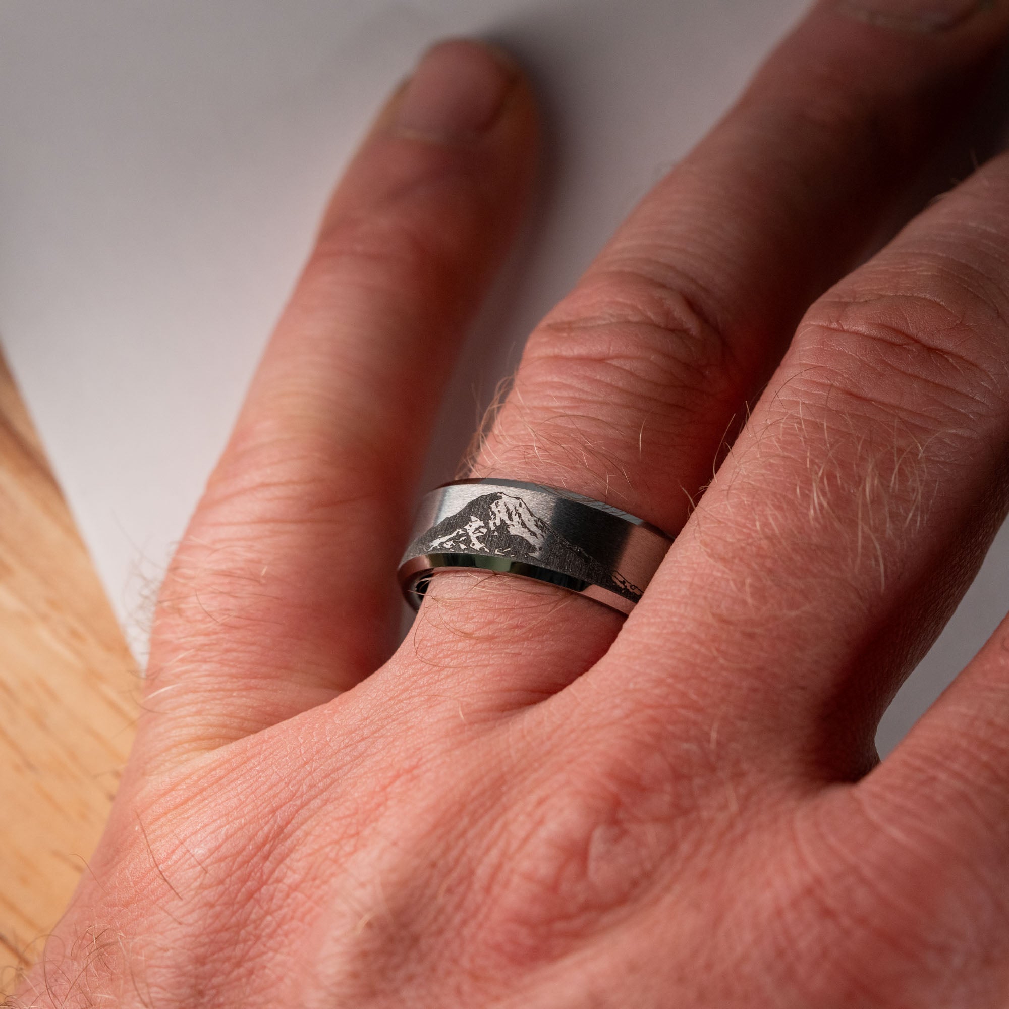 Beveled Tungsten Engraved Mt. Rainier Ring | Honest Hands Ring Co
