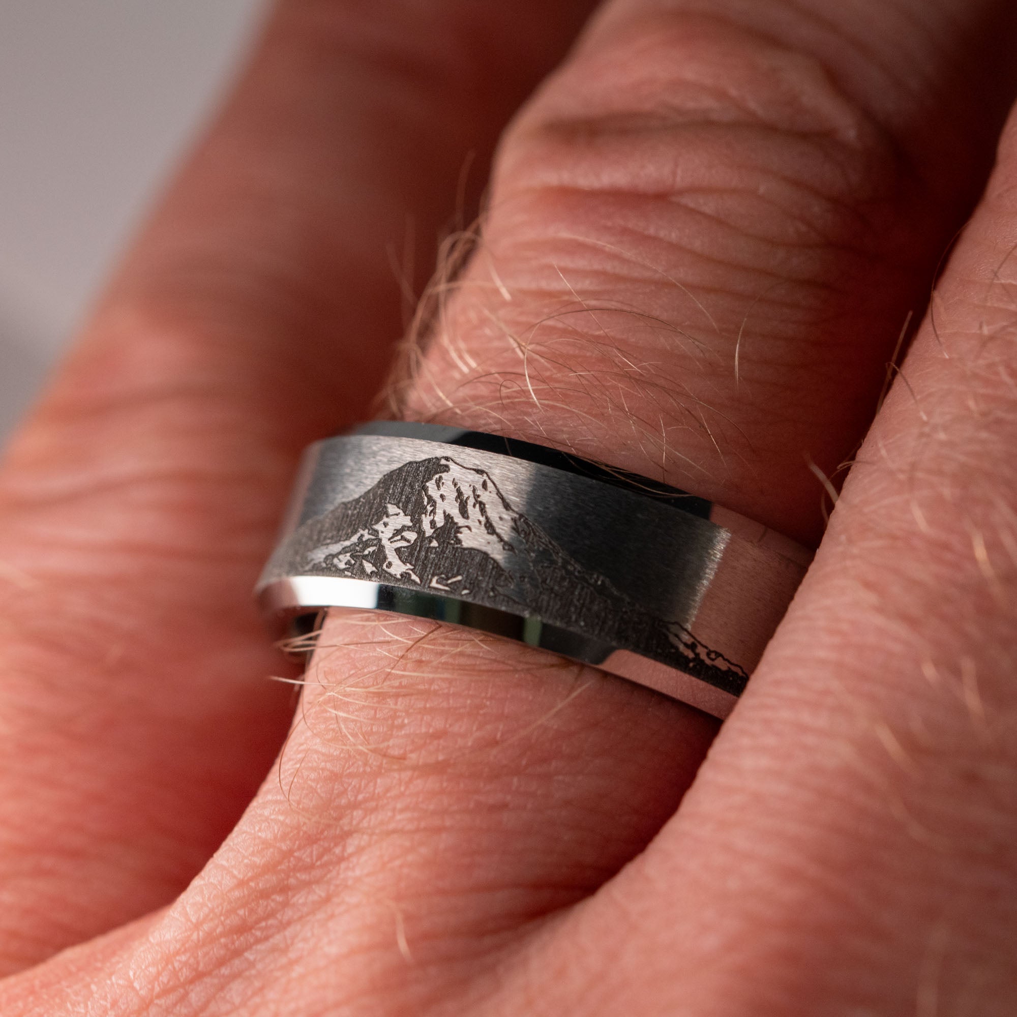 Beveled Tungsten Engraved Mt. Rainier Ring