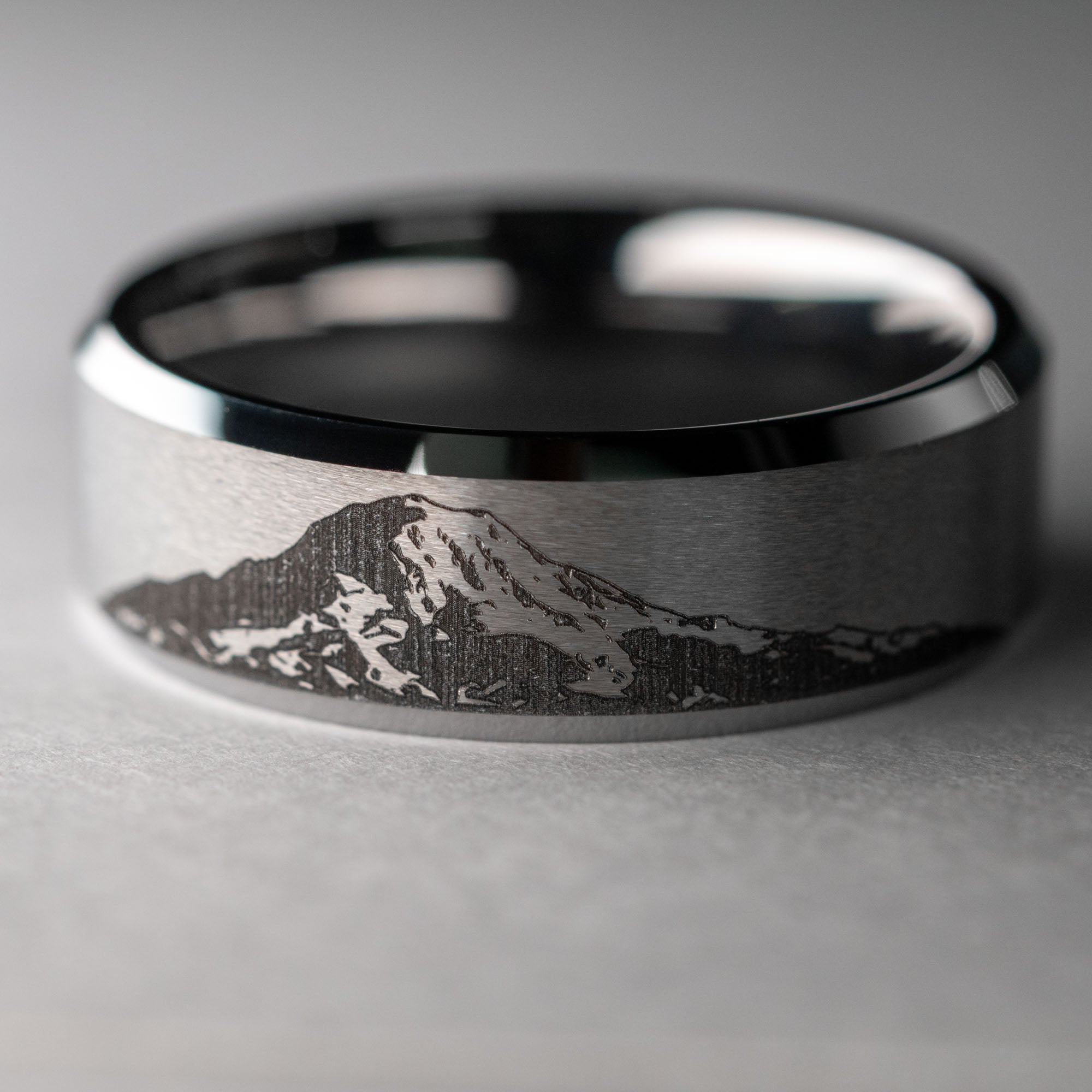 Beveled Tungsten Engraved Mt. Rainier Ring | Honest Hands Ring Co