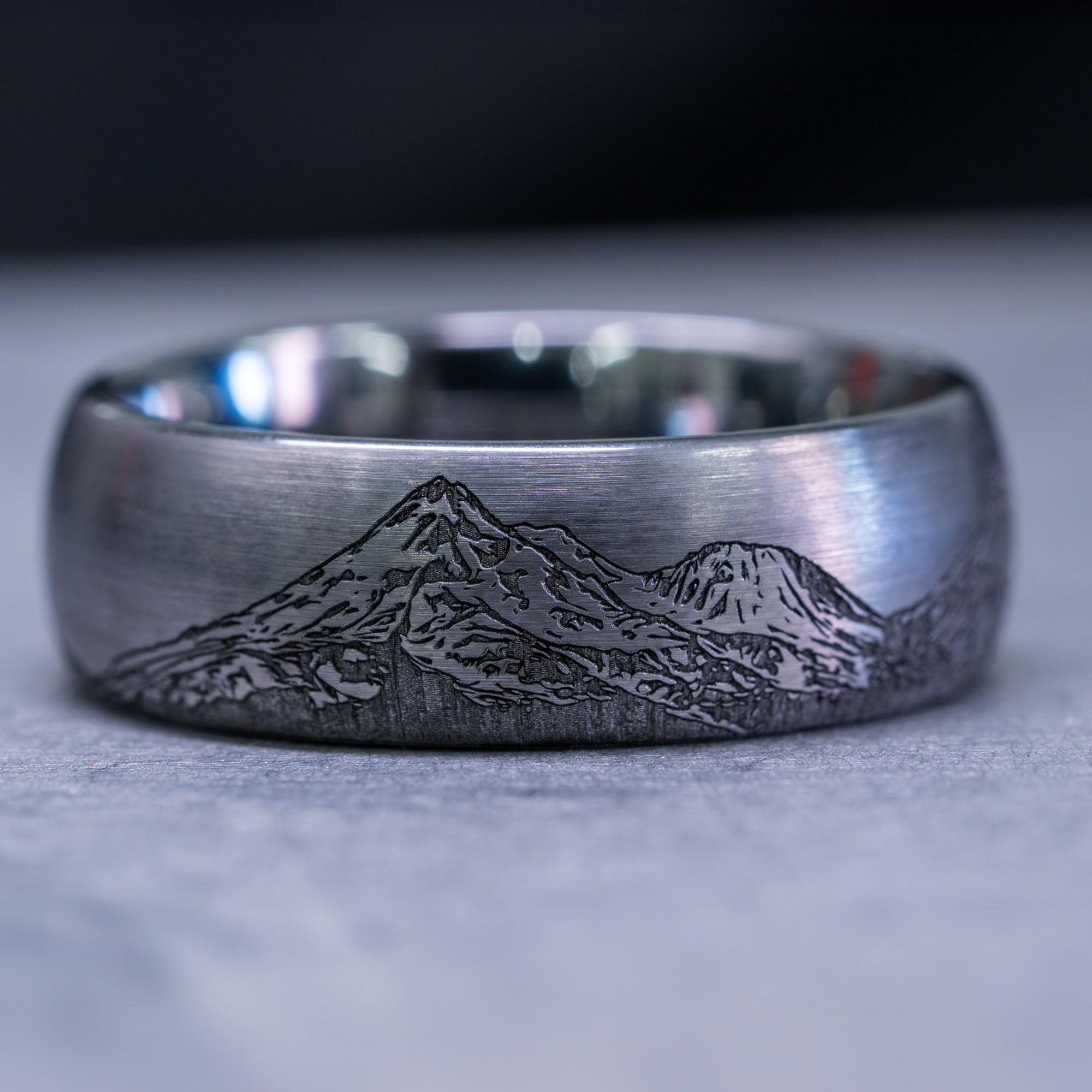 Domed Tungsten Engraved Cascade Range | Pacific Northwest Mountain Ring
