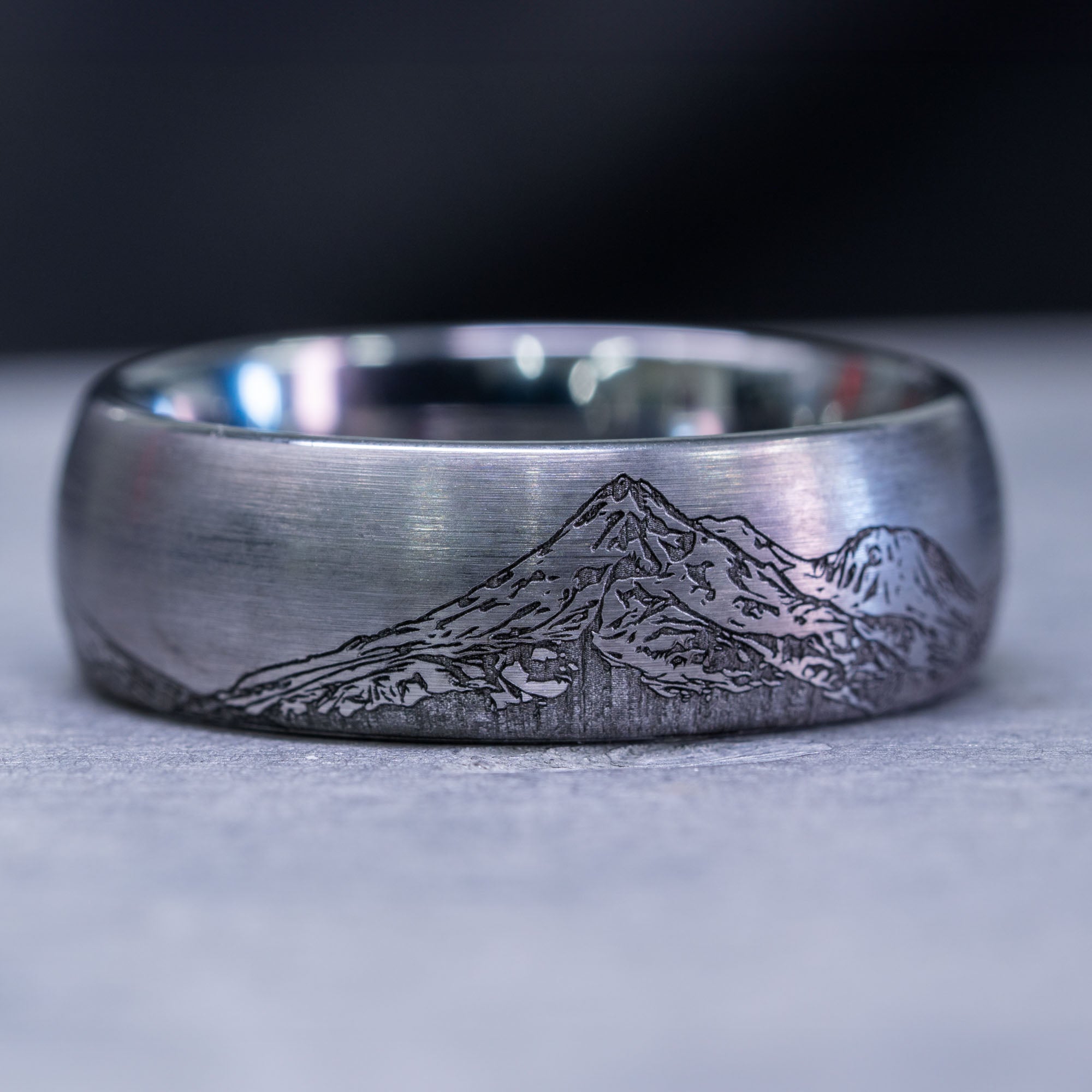 Domed Tungsten Engraved Cascade Range | Pacific Northwest Mountain Ring