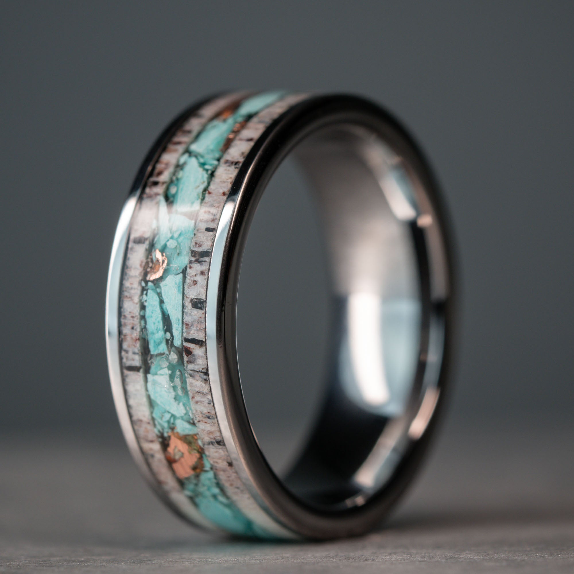 Tungsten Elk Antler Turquoise & Copper Inlay Ring