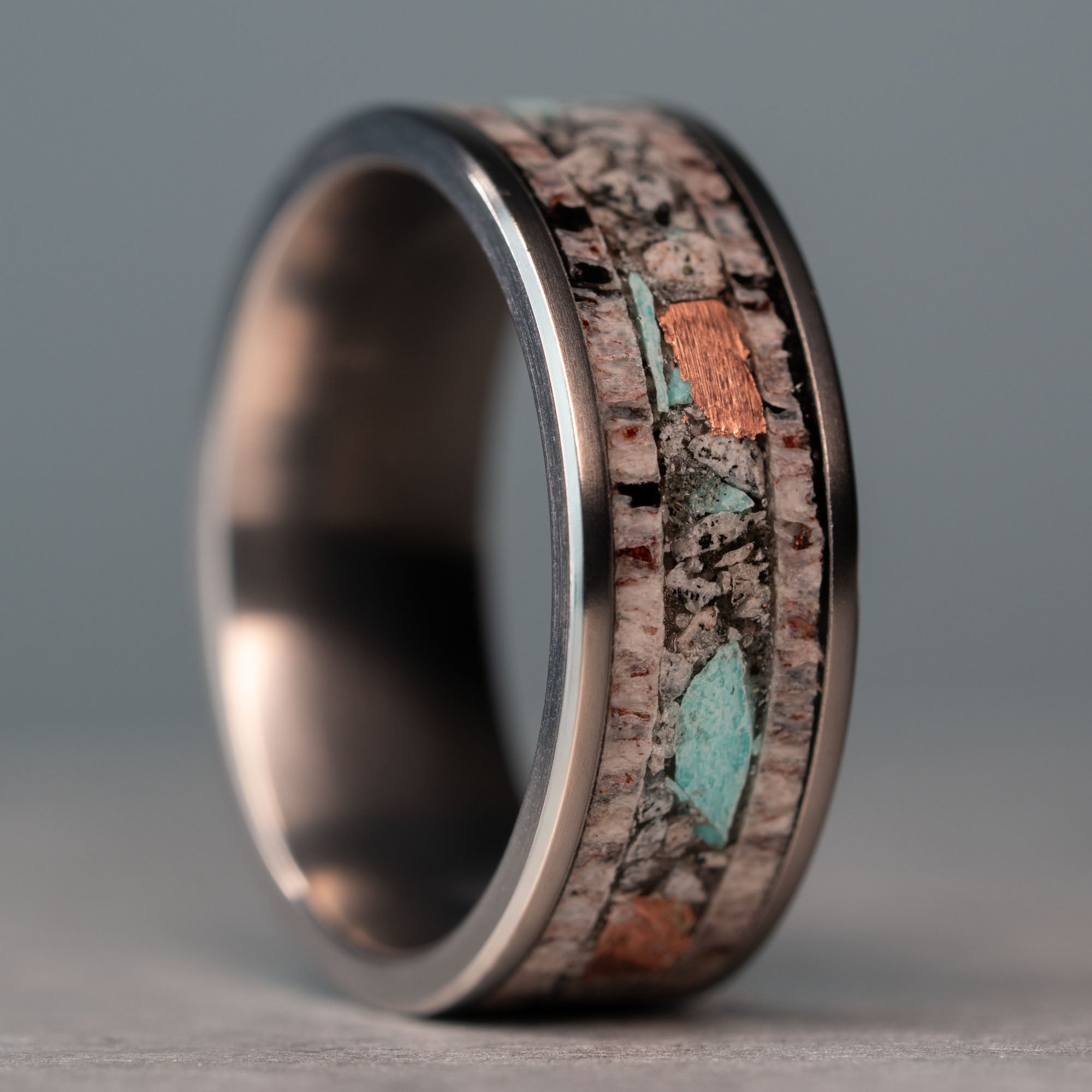 Tungsten Elk Antler Yooper Glow Turquoise & Copper Inlay Ring