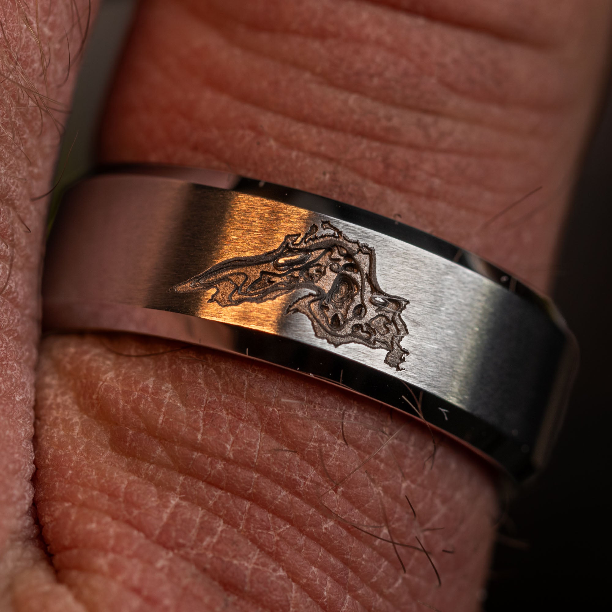 Beveled Tungsten Deep Engraved Lake Superior Depths Ring | Honest