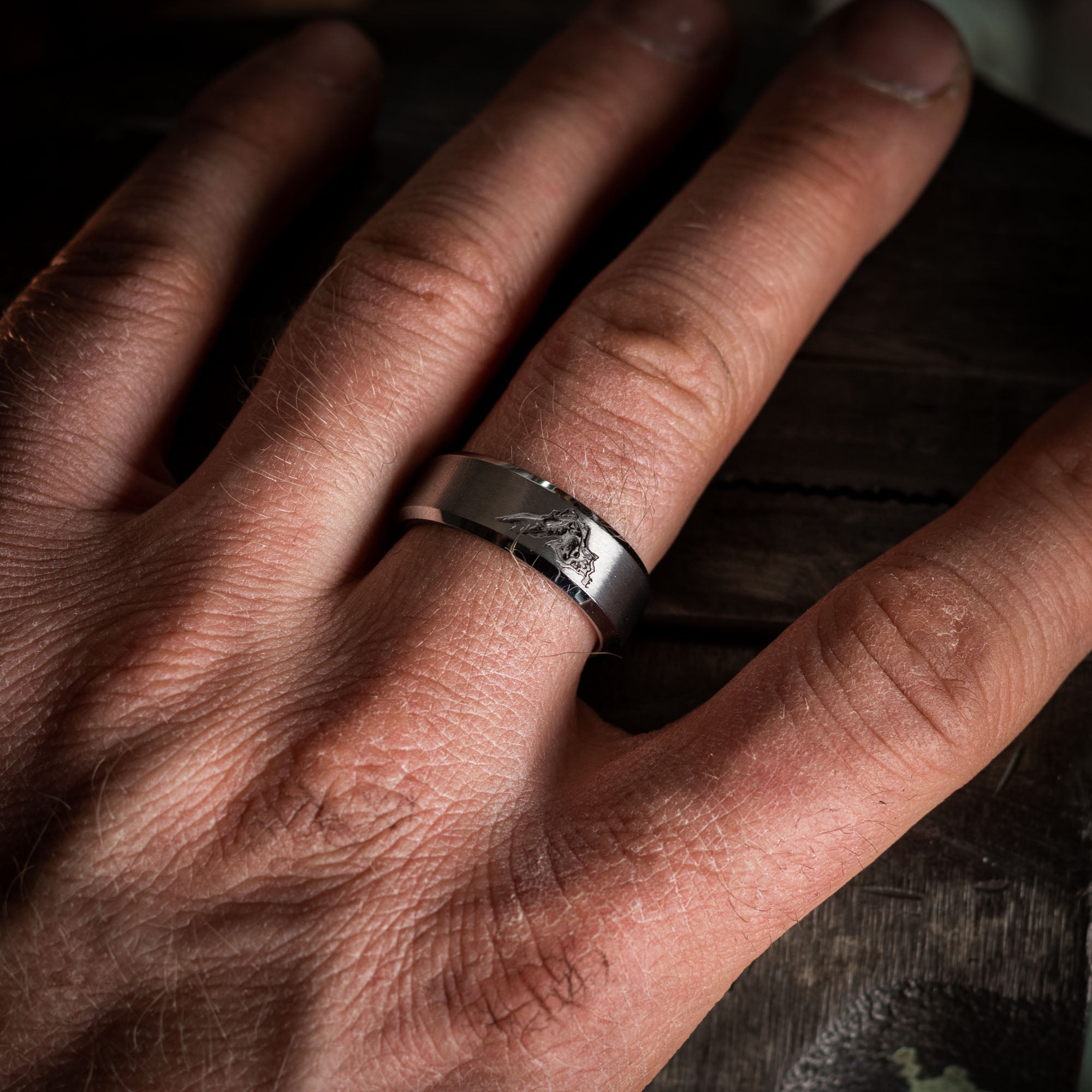 Beveled Tungsten Deep Engraved Lake Superior Depths Ring | Honest