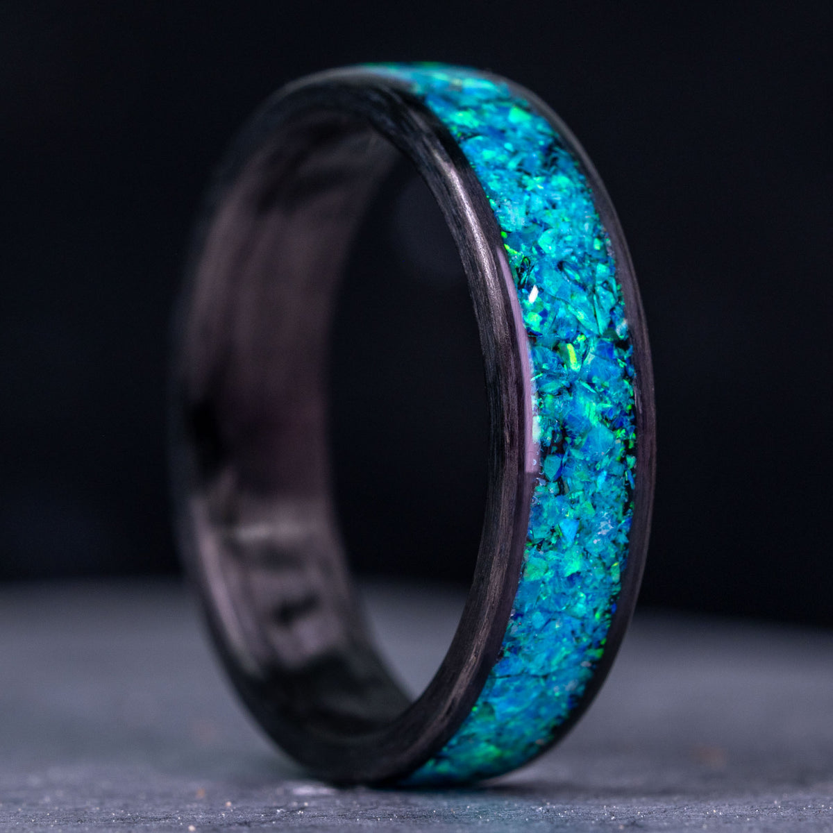 Carbon Fiber and Aqua Marine Blue Opal Inlay Ring