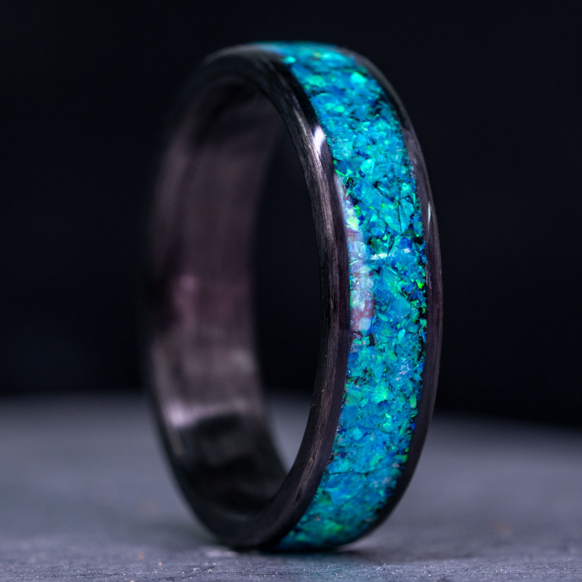 Carbon Fiber and Aqua Marine Blue Opal Inlay Ring