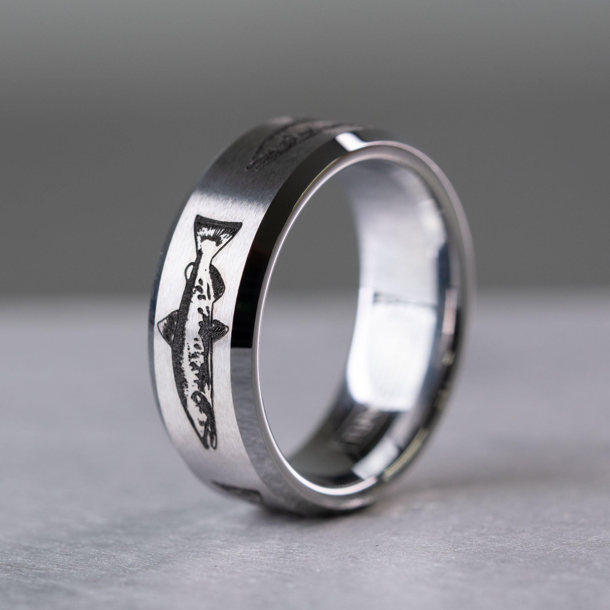 Beveled Tungsten Engraved Salmon Ring