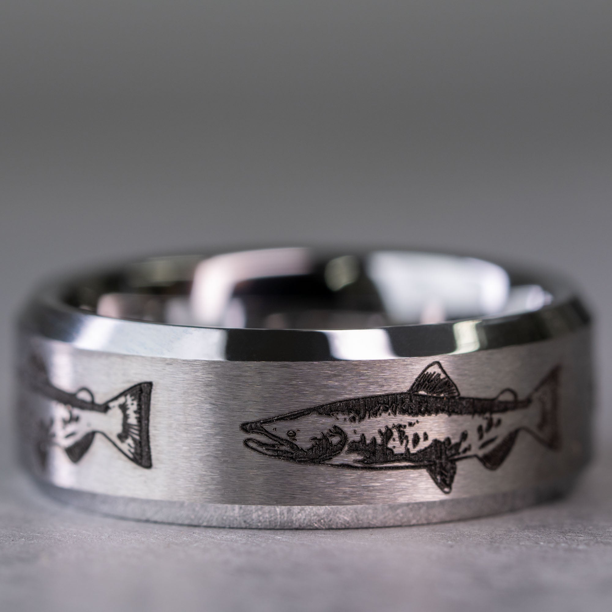 Beveled Tungsten Engraved Salmon Ring 14.5
