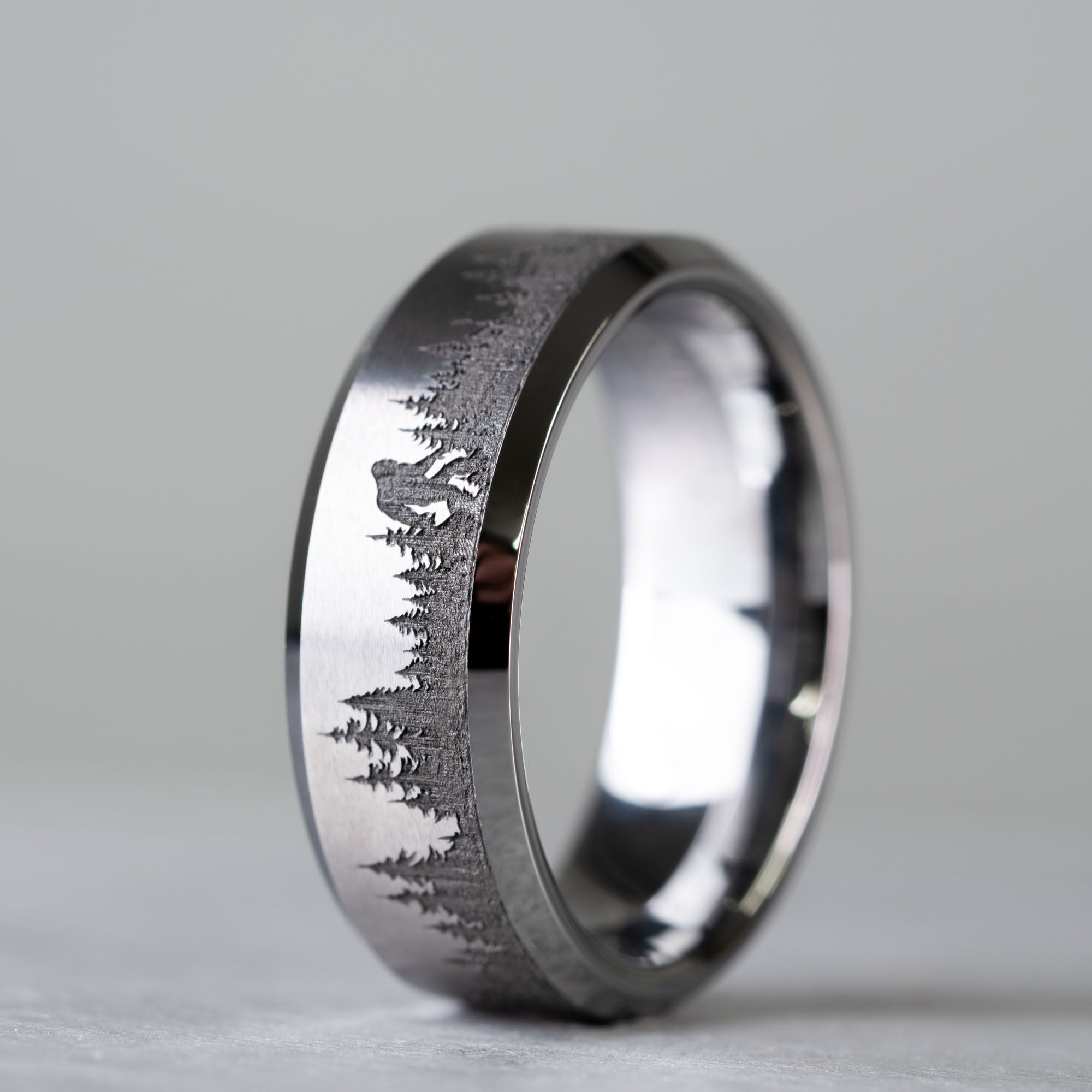 Beveled Tungsten Engraved Sasquatch Sighting Ring